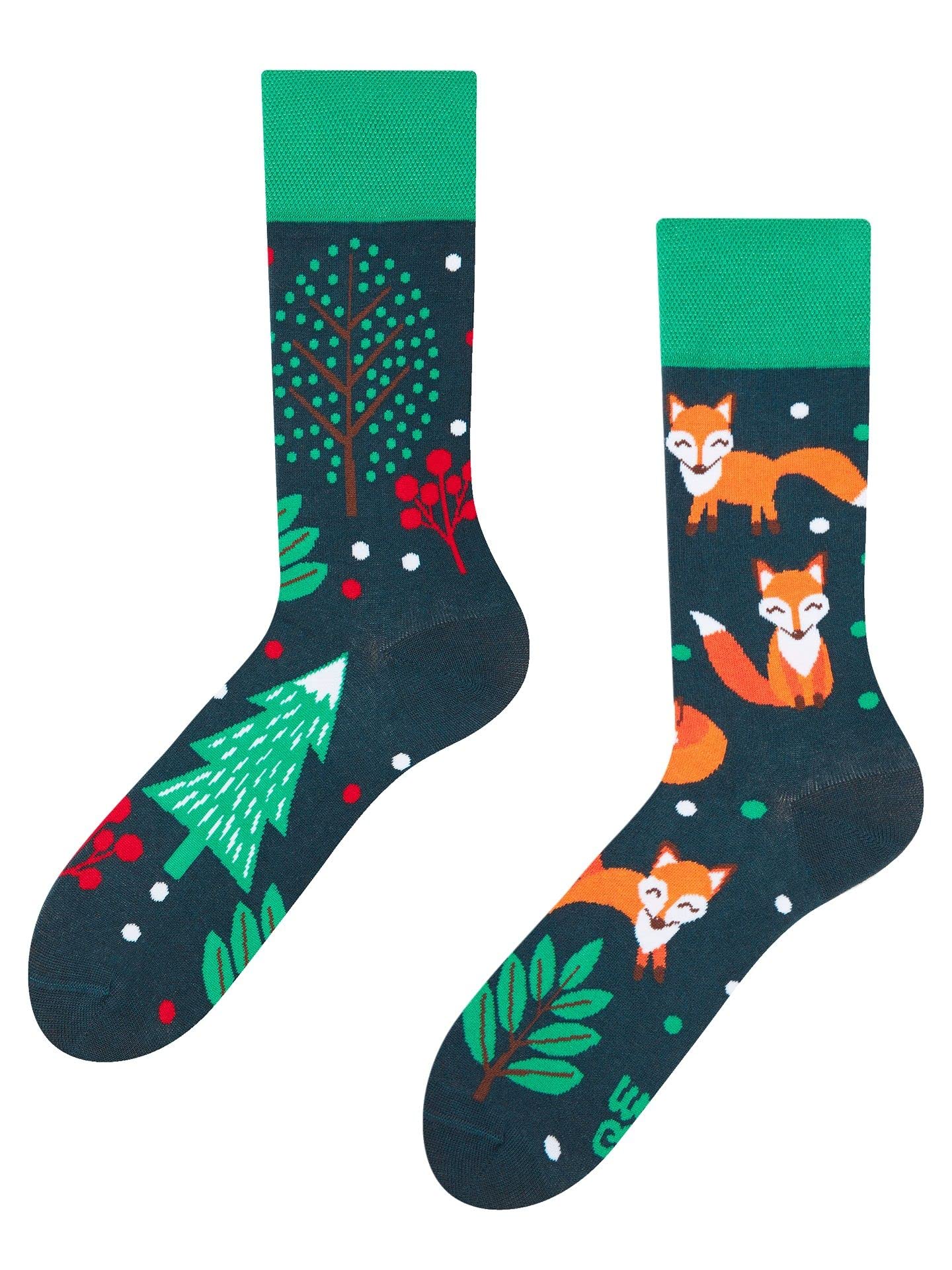 Dedoles Unisex Socks for Women, Men & Kids Cotton Funny Designs Football Bicycle Horses Plants Firefighter Gift Mismatched, Design: Night Fox, Colour: Green, Size: 3-5 M / 2-4,5 W UK