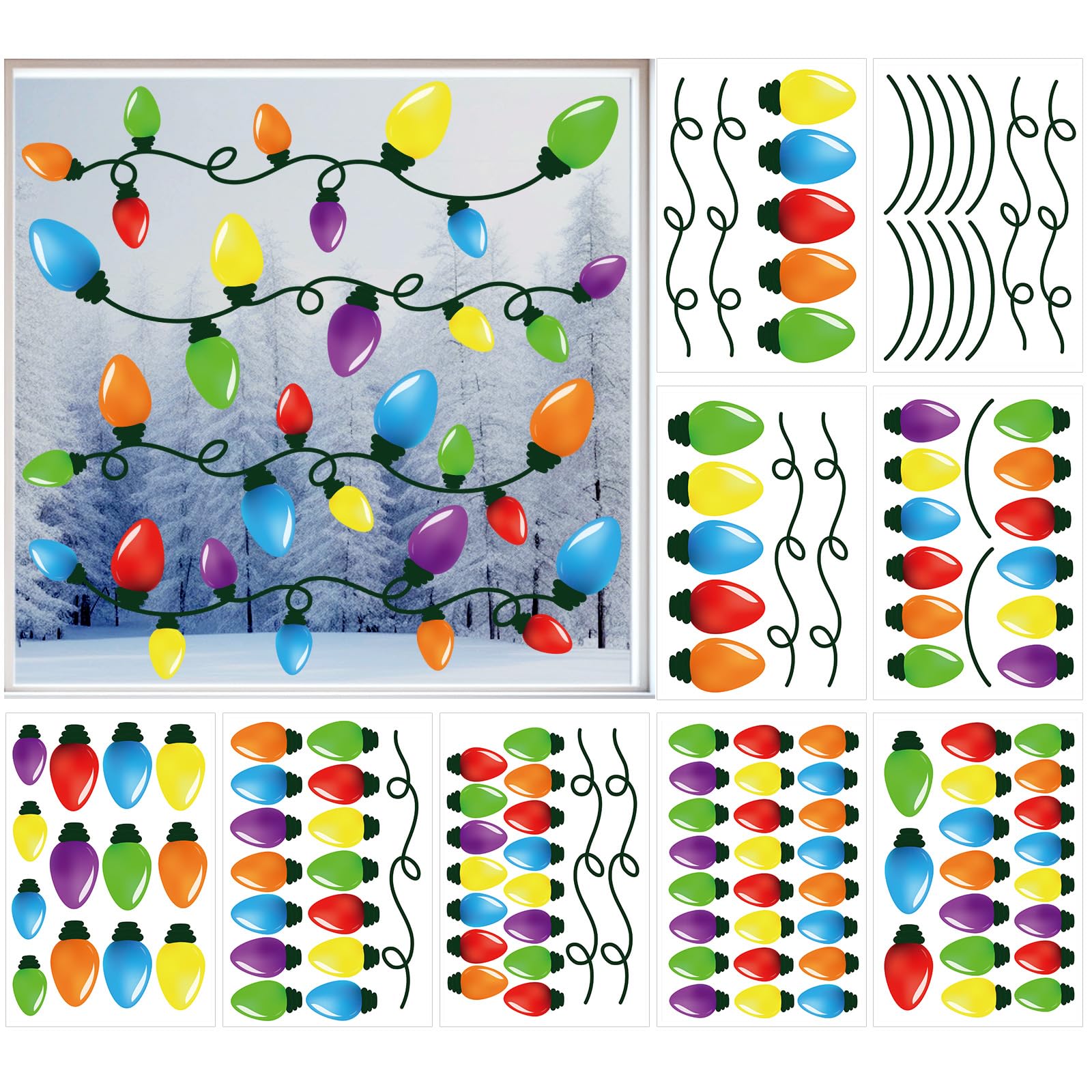 Cinrobiye 9 Sheets Christmas Bulb Light Window Clings Winter Christmas Car Refrigerator Decorations Stickers Door Window Seasons Decals for Holiday Xmas Christmas Home Kitchen Living Room (Bulb Light)