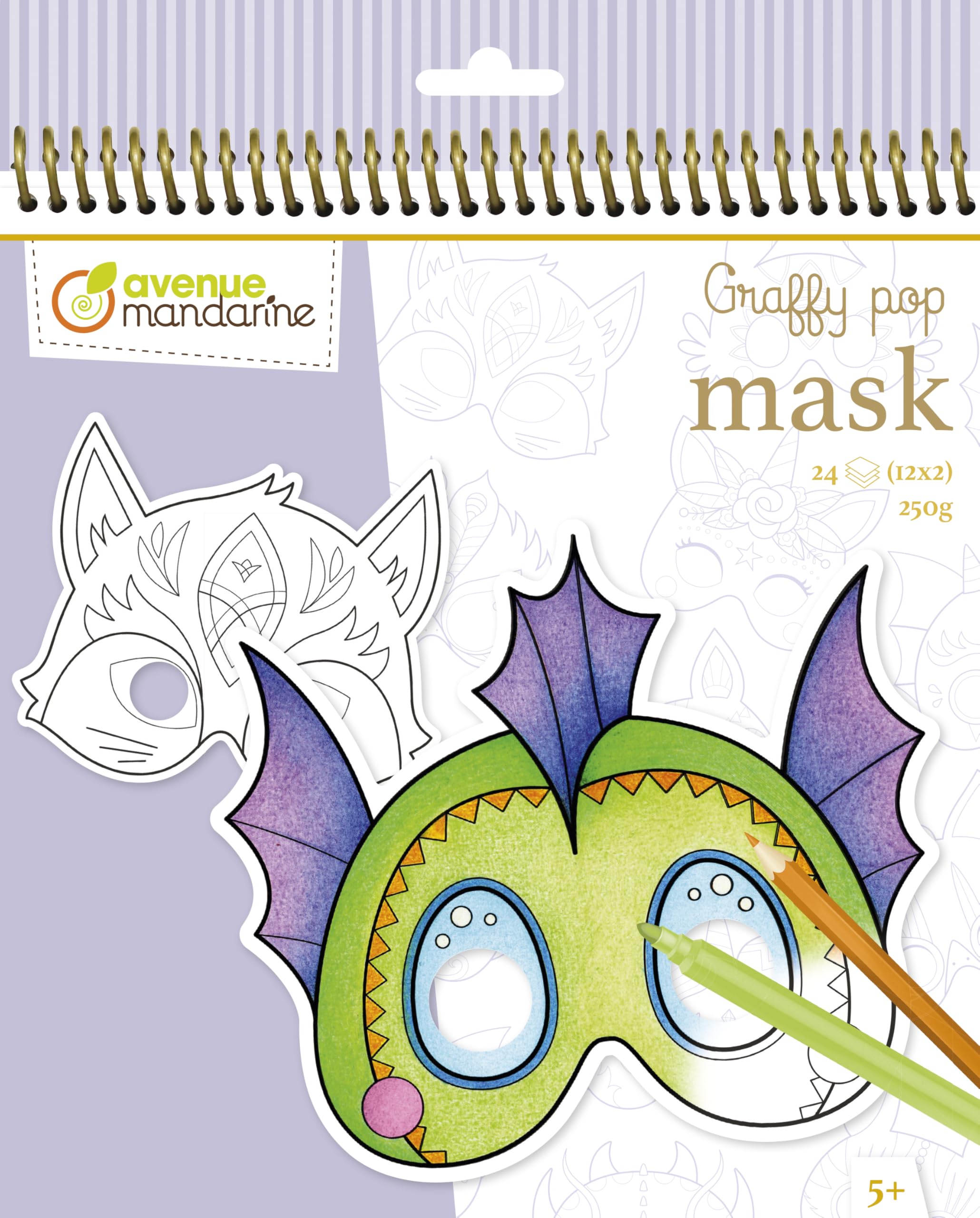 Avenue Mandarine GY138C - Graffy Pop Mask spiral notebook, Fantastic animals - 24 Pre-cut coloring masks - From 5 years old - PEFC certified Clairefontaine paper