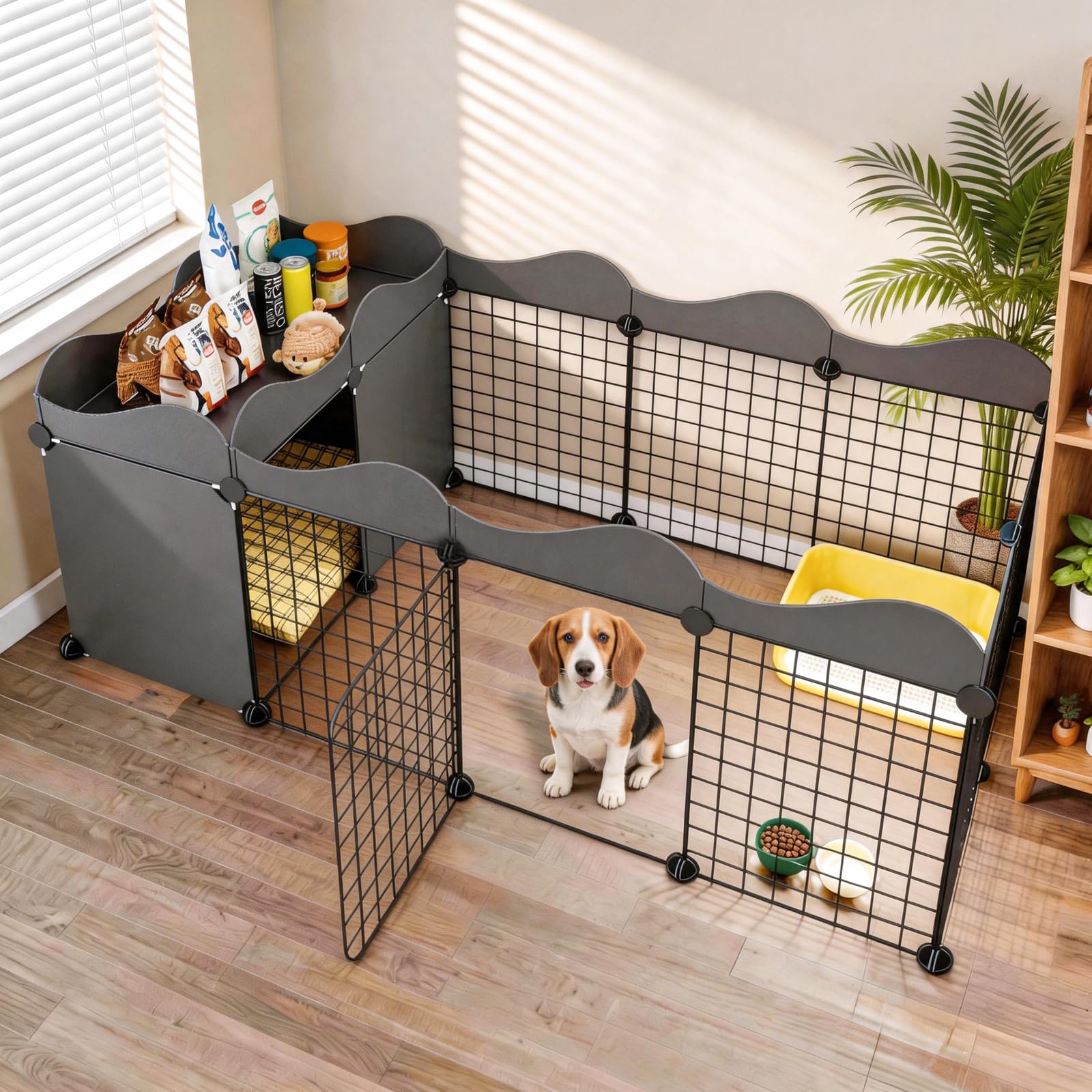 Welpenauslauf mit Ablagefläche, Hundegitter für Wohnung mit getrenntem Schlaf- und Spielbereich, 56 cm hoch, einfache Montage, rutschfest, schwarz