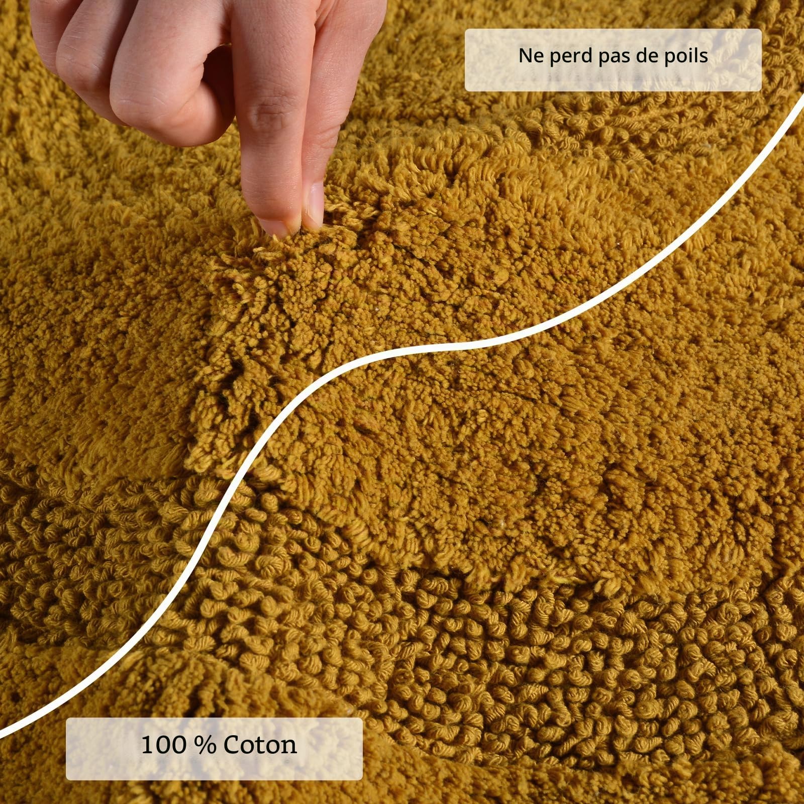 Tapis de bain bohème en coton tissé à la main avec pompons en coton antidérapant lavable pour salle de bain, douche, baignoire, moutarde, 50,8 x 81,3 cm