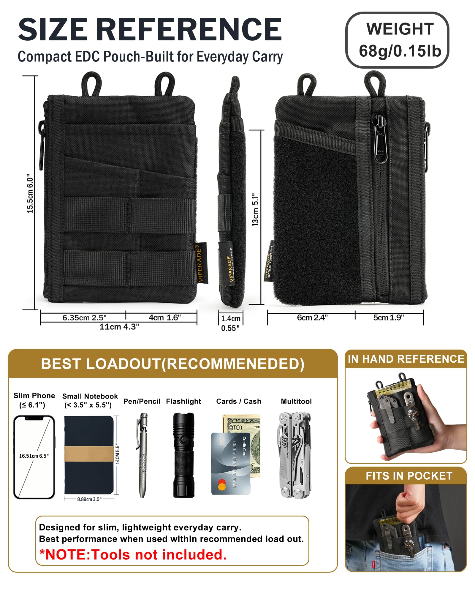 VIPERADE VE18 Klein EDC Tasche,Klein Werkzeugtasche mit 6 Taschen,EDC Tool Organizer Tasche für Herren,Klein EDC Multitool Taschen Organizer Pocket Pouch mit Klettverschlussbereich