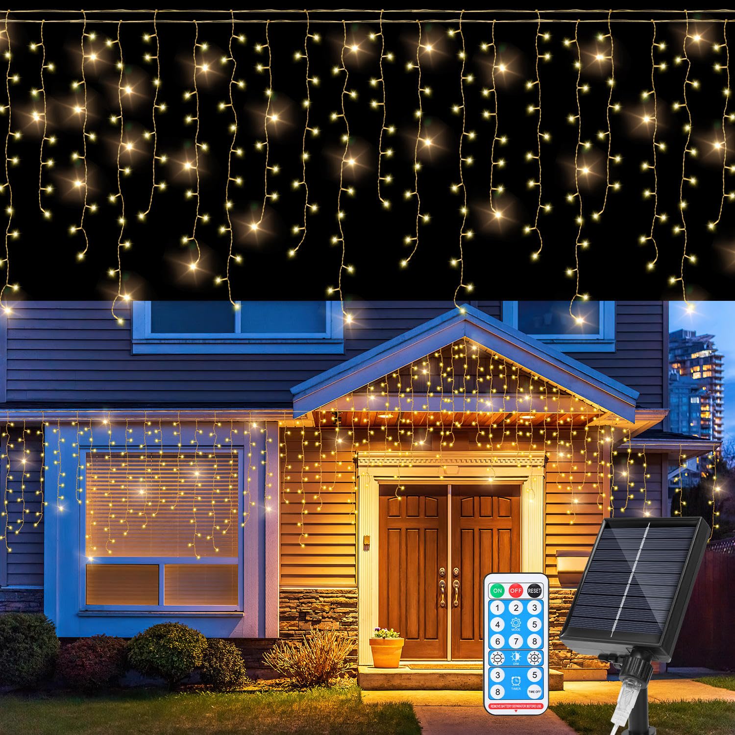 Daromigo Solarny łańcuch świetlny z lodowym deszczem, na zewnątrz, 15 m, ciepła biel, 600 diod LED, z baterią i pilotem zdalnego sterowania, na taras, do ogrodu, na Boże Narodzenie, wesele, imprezę