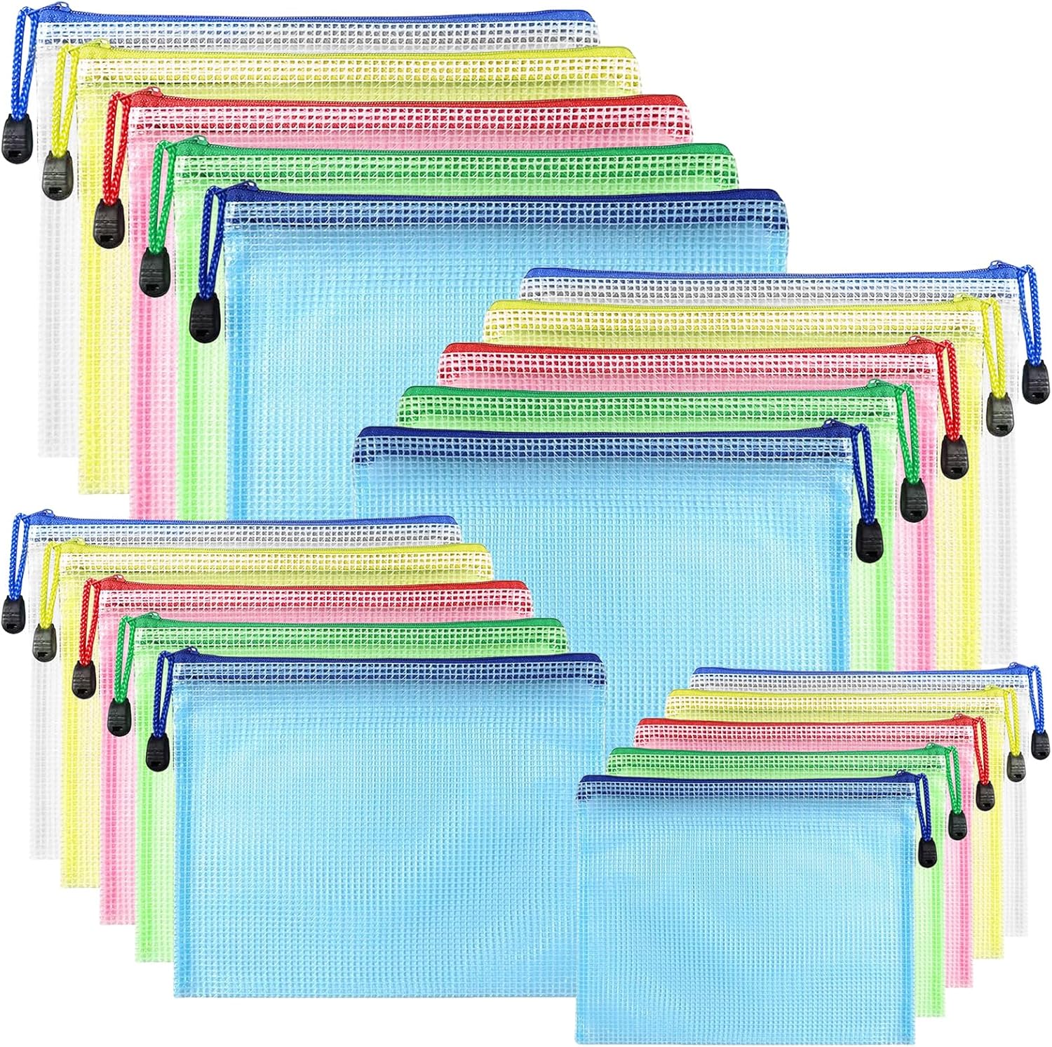 Lot de 20 pochettes zippées A3, A4, A5, A6, 5 couleurs, dossier de documents transparent en PVC, pochette en maille zippée pour voyage, bureau, voyage, fournitures