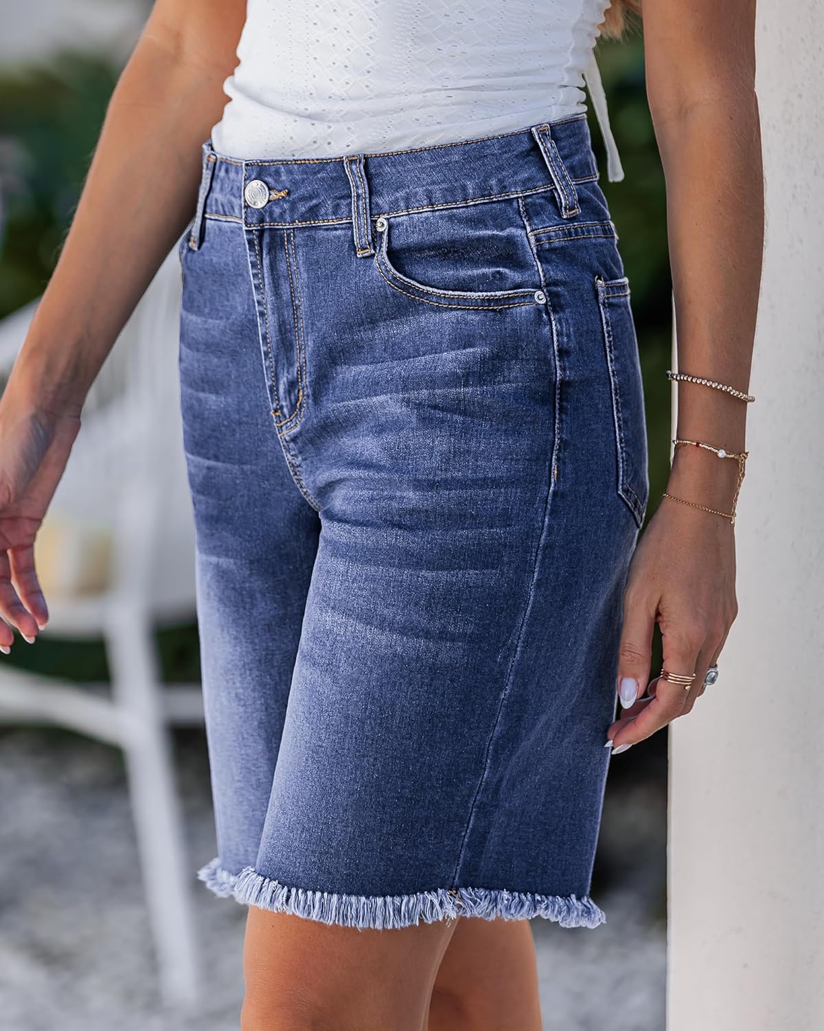 luvamia Jean Bermuda Shorts for Women Trendy Mid Rise Raw Hem Knee Length Stretchy Denim Long Shorts Summer Casual Jorts - Image 2