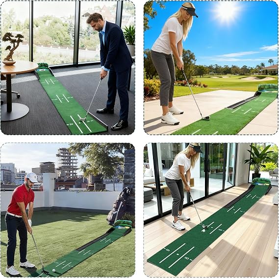 Portable Golf Putting Mat with Auto Ball Return and Putting Mirror, Indoor Outdoor Practice Green for Home Office Training, for Men Golf Players