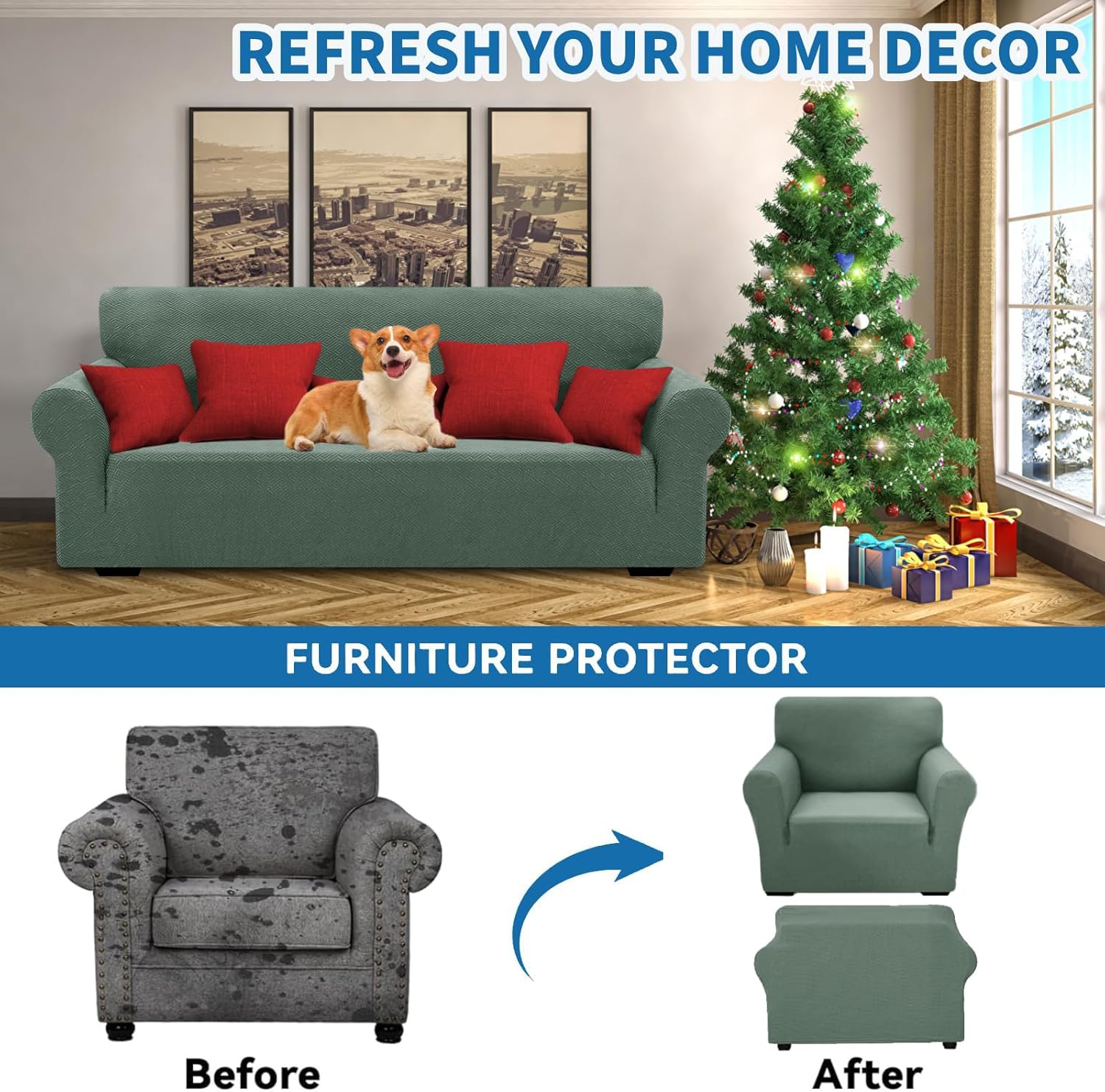 XINEAGE New Stretch Armchair Covers 1 Piece Chair Slipcovers Chair Protector for Living Room Thick Soft Chair Cover with Elastic Bottom Couch Cover for Pets Kids (31"-46", Pea Green) Small (31"-46") Pea Green