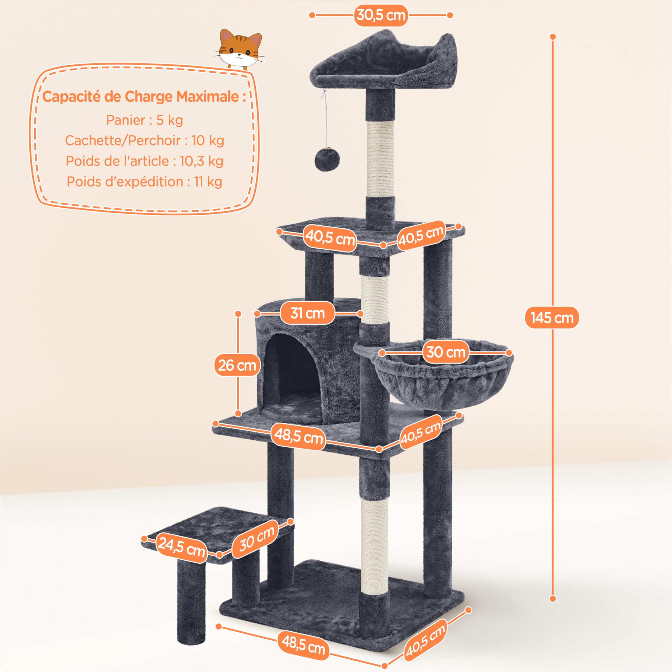 Yaheetech Arbre à Chat Multiniveau Tour pour avec Perchoir Oreilles de Cachette Panier Plateforme Poteaux Griffer Centre d’activités Taille 145 cm Haut Gris Foncé 48,5 × 40,5