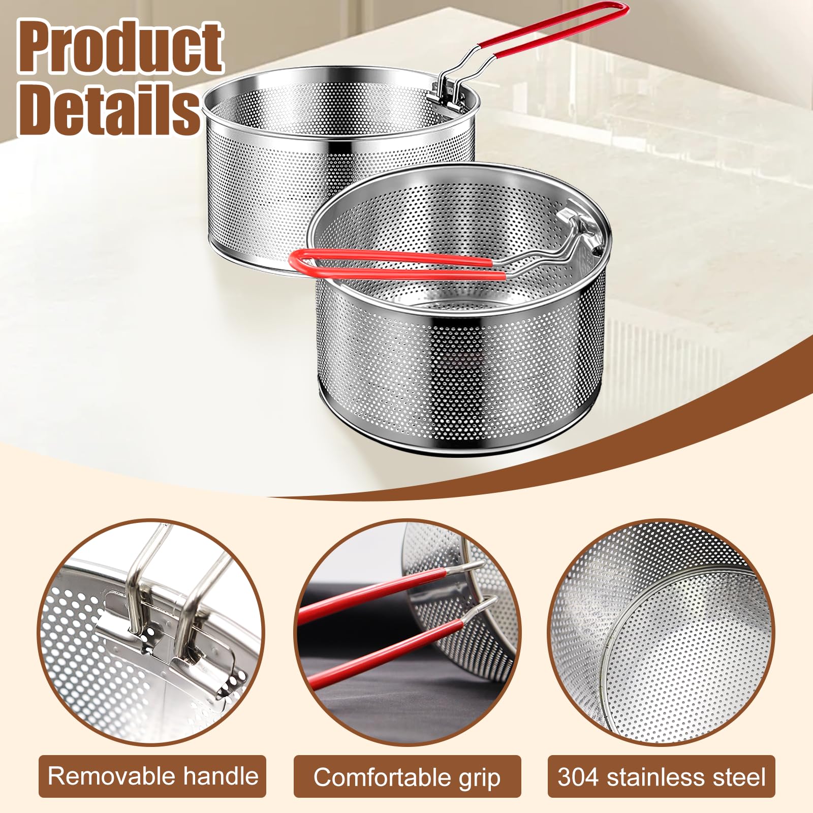 OMJMYY Set di 2 Cestello per Pasta 18/20 cm Colapasta Acciaio Inox Scolapasta con Manico Rimovibile Colino Acciaio Inox Maglia Fine per Lavare Friggere Cuocere a Vapore Drenare