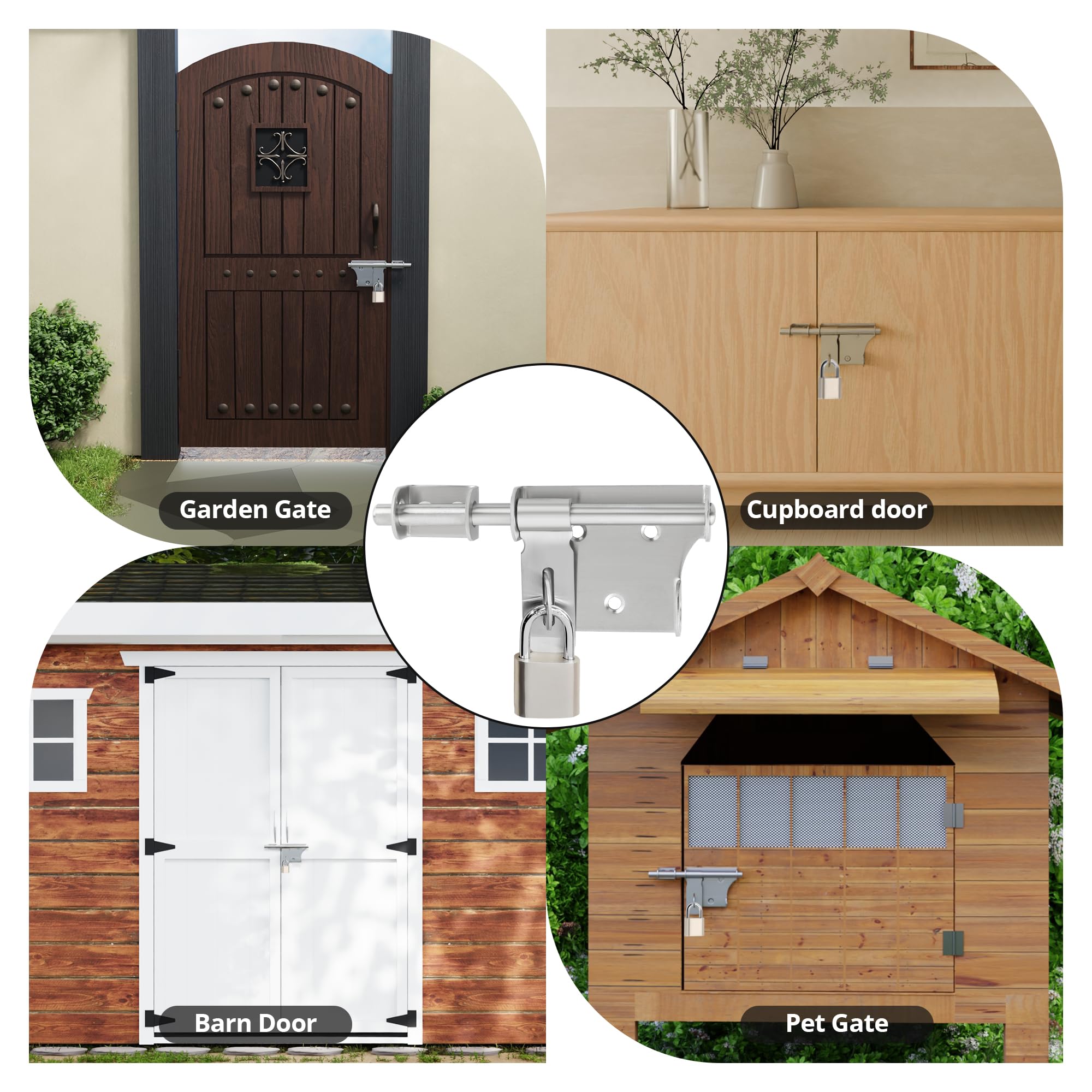 SAYAYO Gate Lock Bolt with Padlock & 4 Keys for Wooden Gates Heavy Duty Shed Locks Latch 6-Inch Stainless Steel Brushed Nickel - Image 2