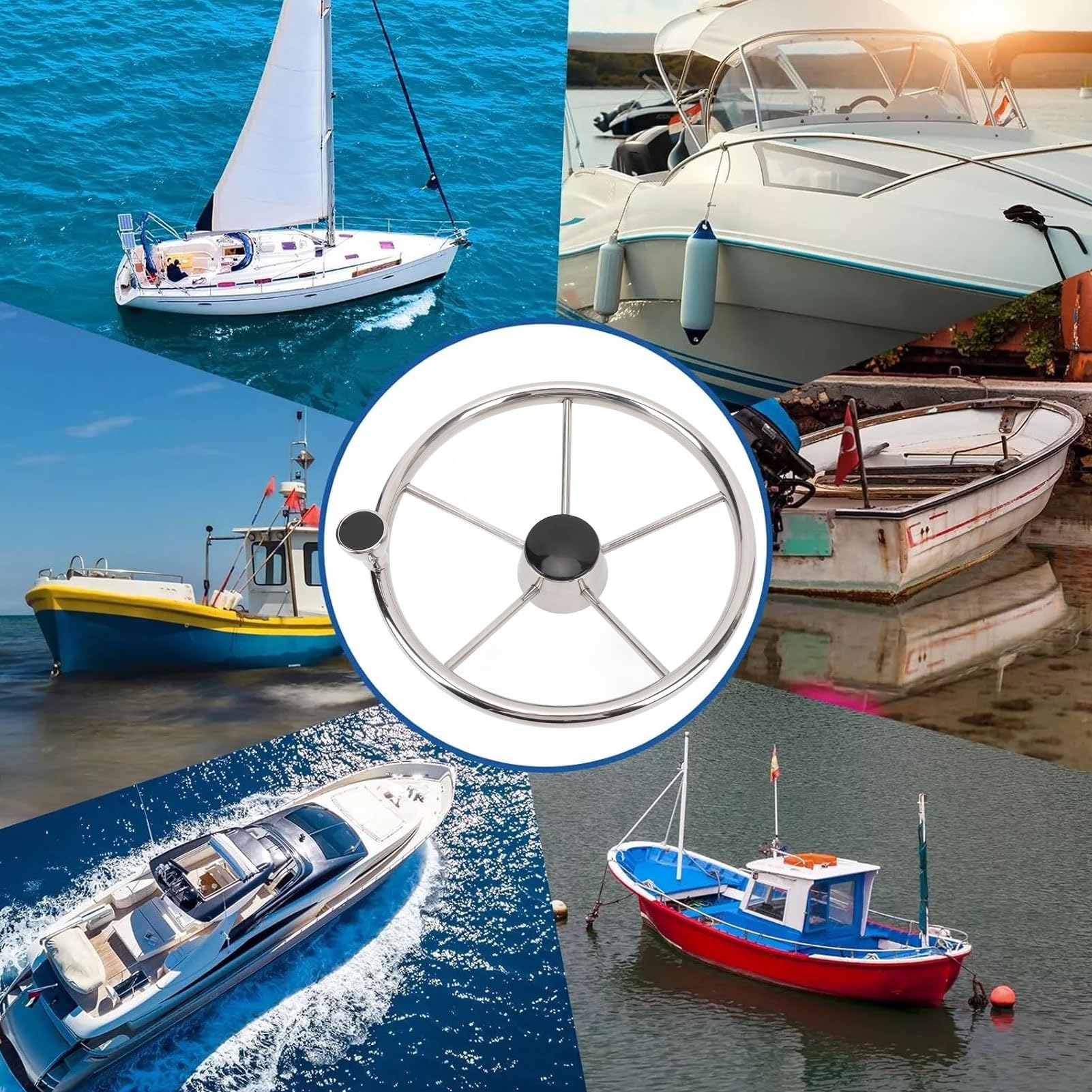Stainless Steel Boat Steering Wheel 13-1/2 Inch 5 Spoke 25 Degree Marine Steering Wheel with Center Cap and Grip, Easy Turning, Ergonomic Design, Anti Slip, Suitable for