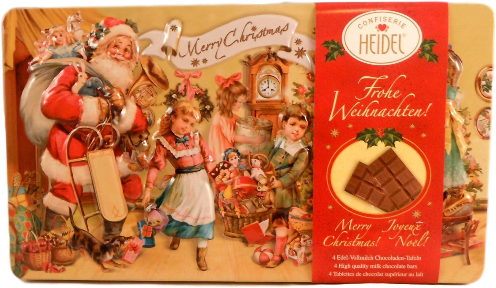 Confiserie Heidel German Chocolate Christmas Milk Chocolate Tin - 4 Whole Milk Chocolate Bars (Santa Inside (Yellow))