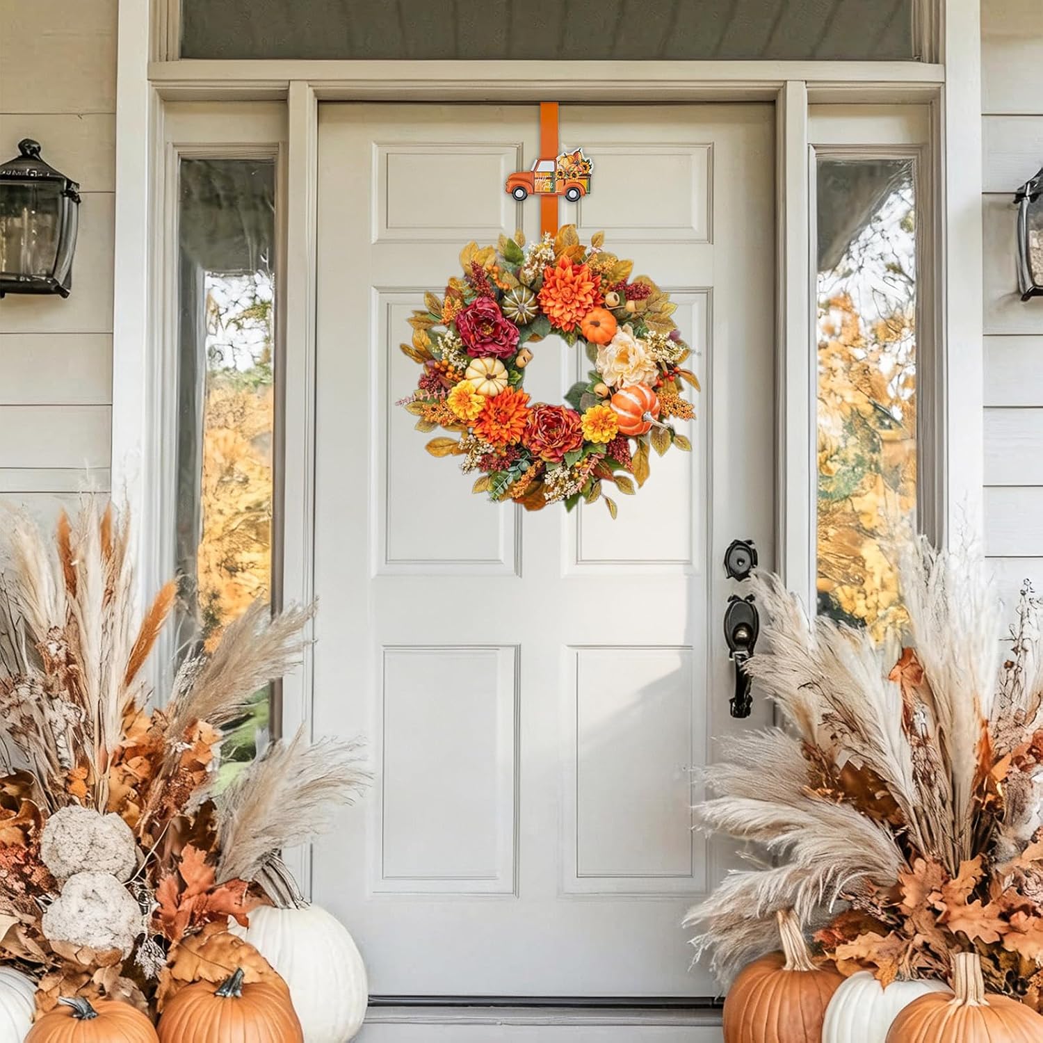 Fall Wreath Hanger with Decorative Sign, Truck, Pumpkin, Sunflower, 1 Pack