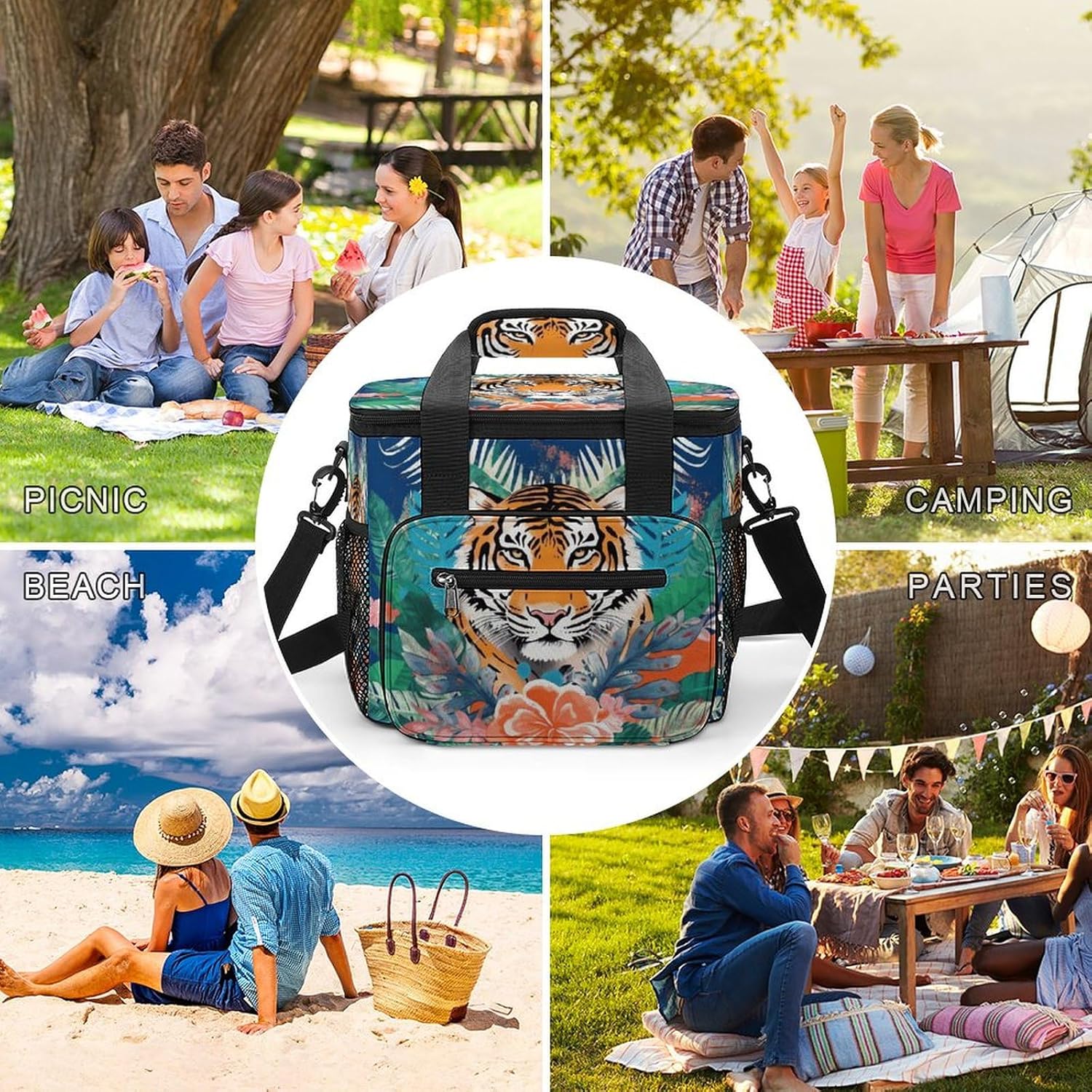 Camping Ice Pack, Tropical Tiger Print Print Cooler Bag, 22.5L Large Capacity Insulated Lunch Tote Bag for Outdoor, Picnic, BBQ, Travel, Work