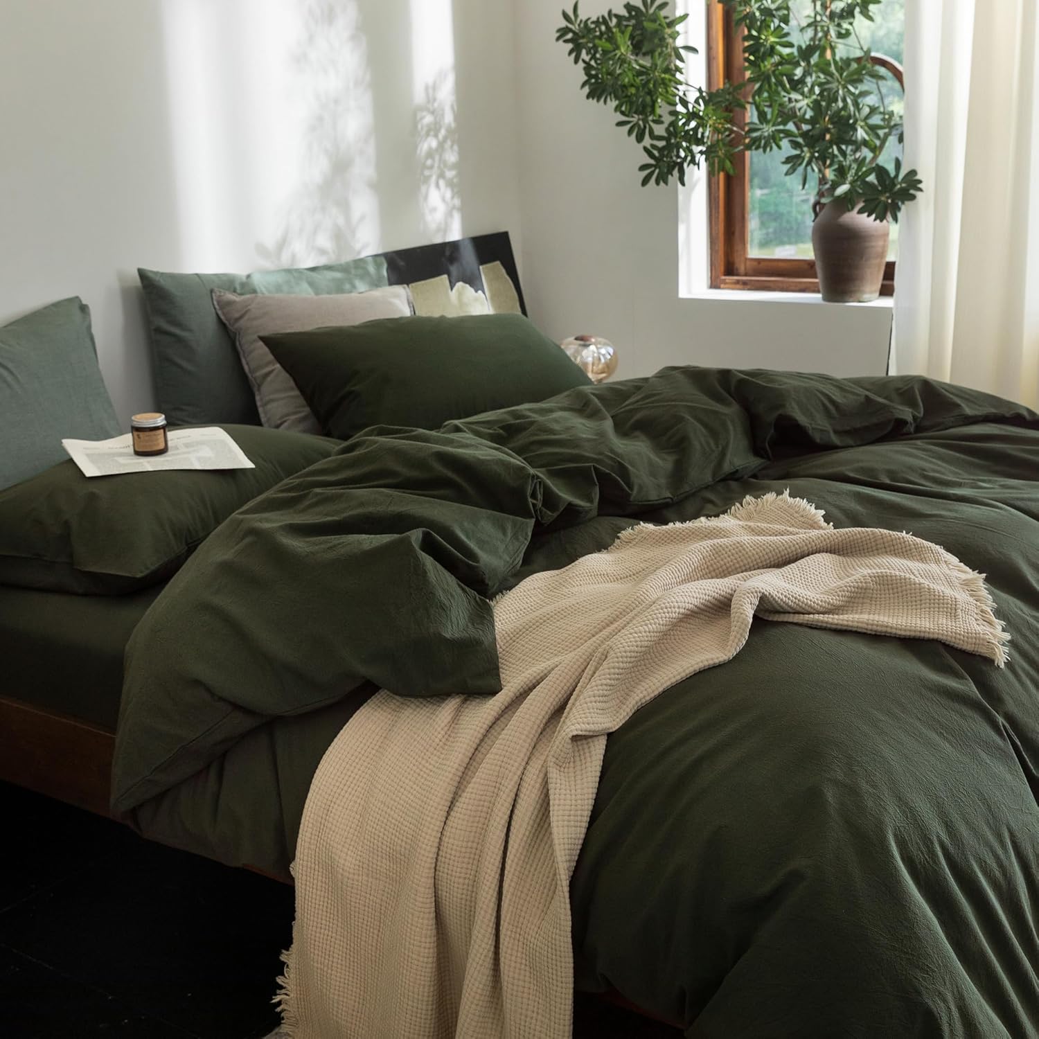 FOSSA Duvet Cover Set 100% Washed Cotton Linen Feel Super Soft Breathable Cozy 3 Pieces Bedding Sets Solid Olive Green Full/Double - Image 9
