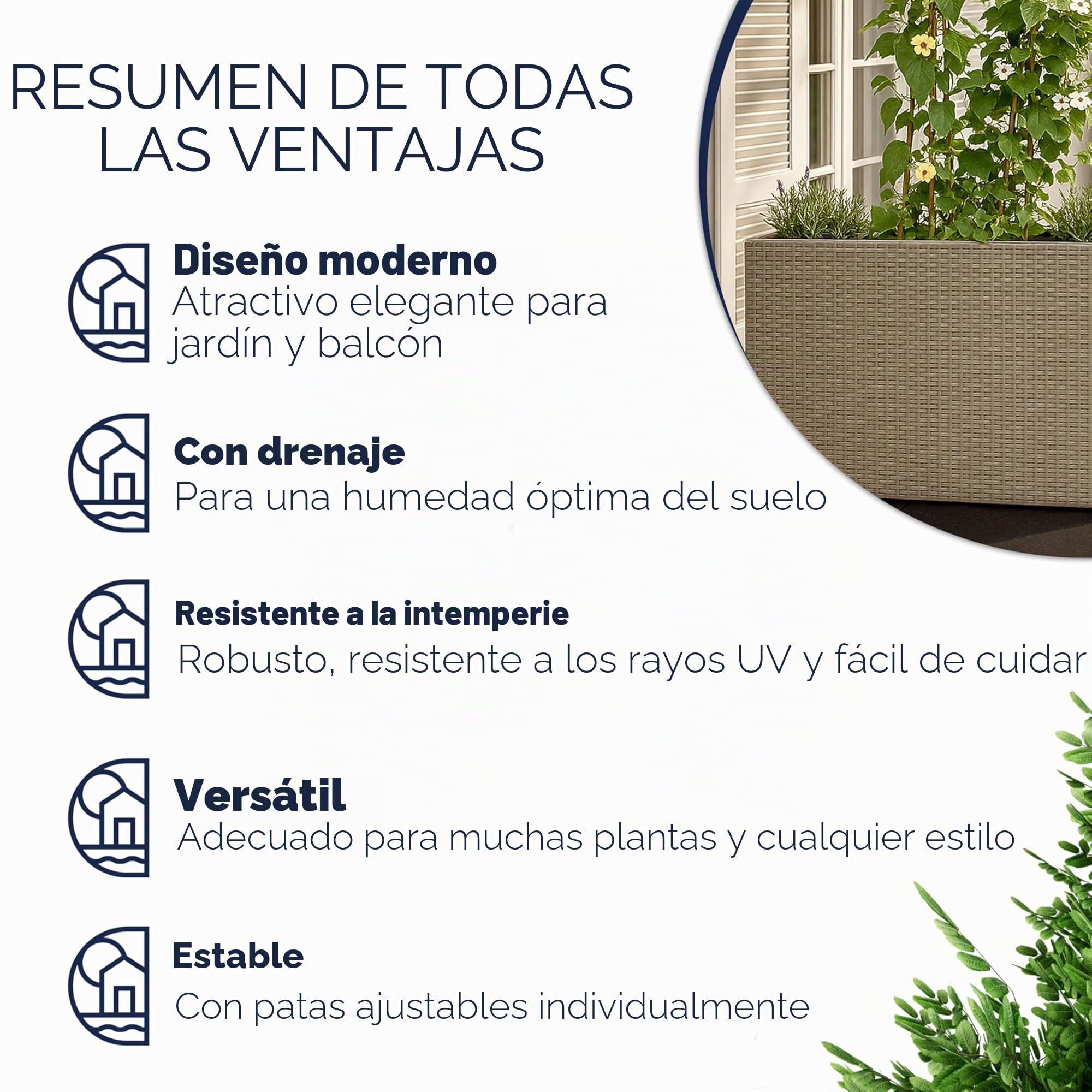 CASARIA Macetero de Poliratán para Exterior jardín 4 Macetas Drenaje de Agua 95 x 27 x 60 cm Jardinera Crema