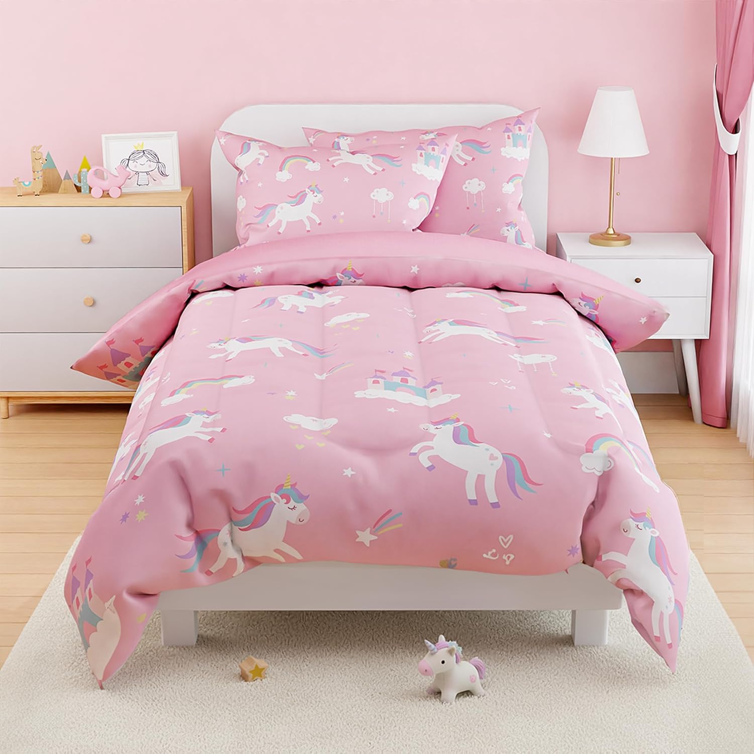 SANDJEST Unicorn Comforter Set Full Size 98x86in for Kids Girls, Microfiber 4 Pcs Bedding Set Includes 1 Comforter, 2 Pillowcases, 1 Fitted Sheet, Nursery Room Decor - Image 6