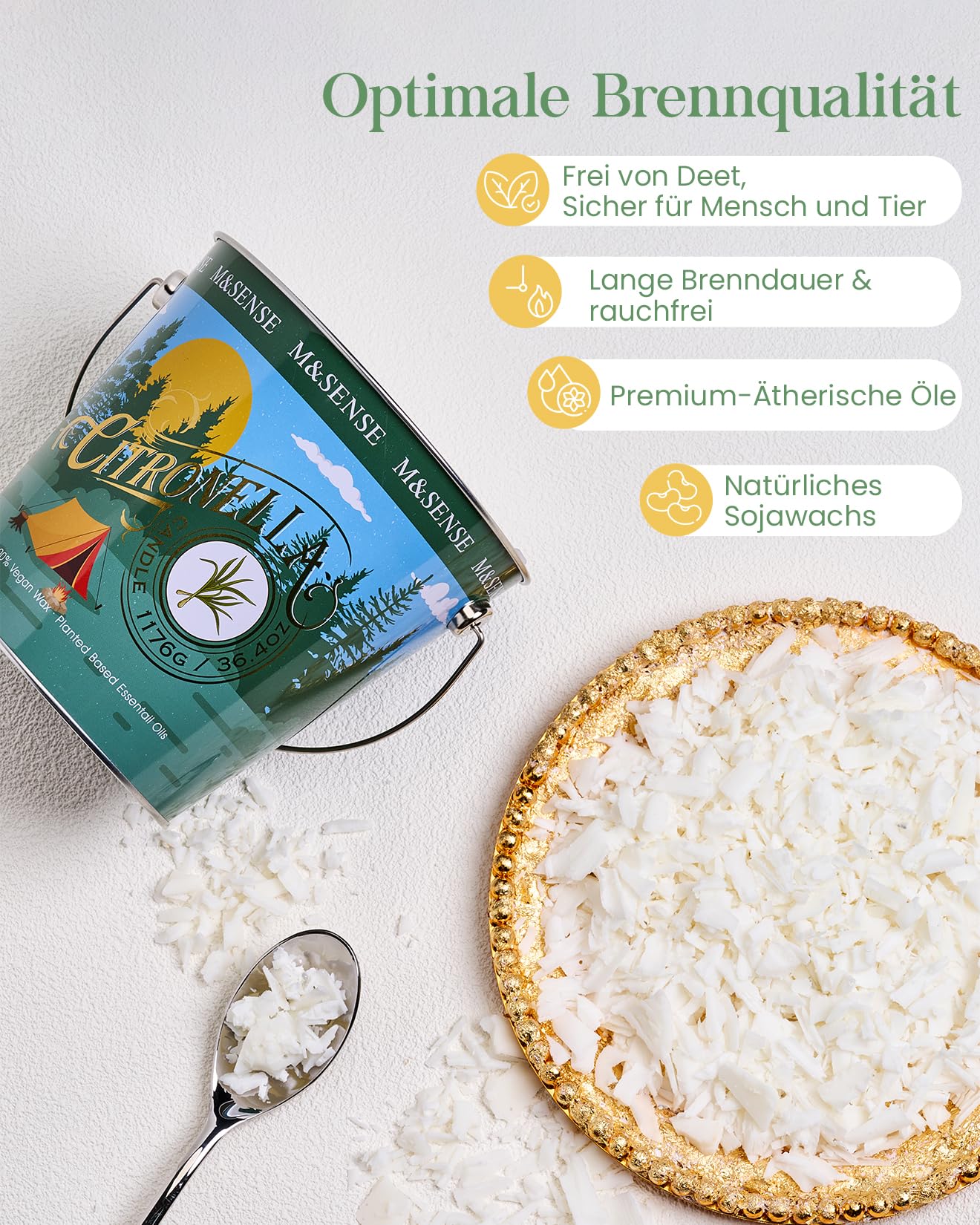 M&SENSE Citronella Kerze Outdoor groß, Pfeffer & Minze Kerzenduft, Sojawachs, 220h Brenndauer Natürliche Duftkerze für draußen mit Citronella, Mint Kerze für Sommer Garten Grill Terrasse | Für den Innen- und Außenbereich, 220 Stunden Brenndauer, natürlich