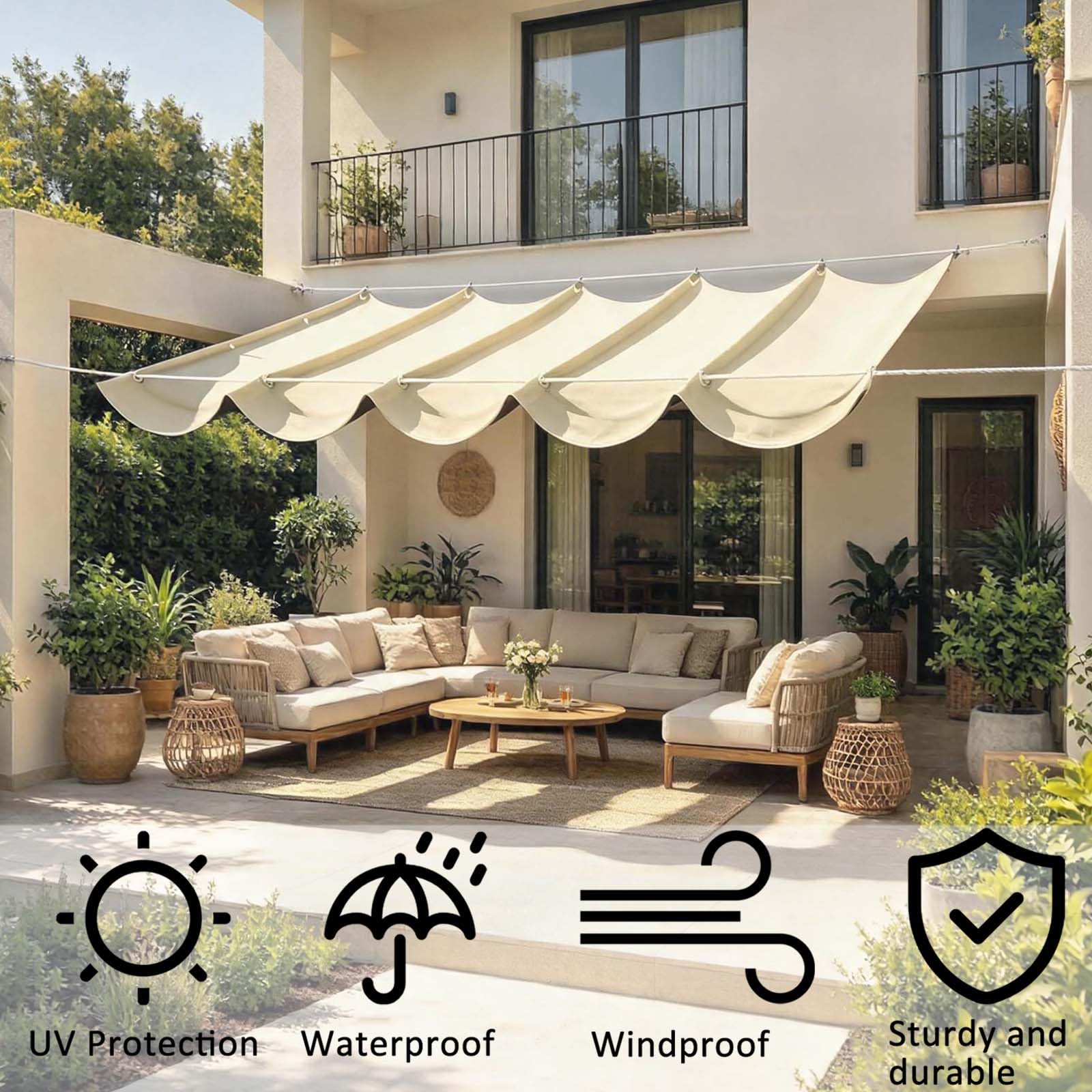 Vela Parasole Ondulata Retrattile 150 x 400 cm Regolabile, Protezione Solare, Resistente Ai Raggi UV Tenda da Sole per Esterno Vela Parasole per Terrazze, Pergolato, bianco