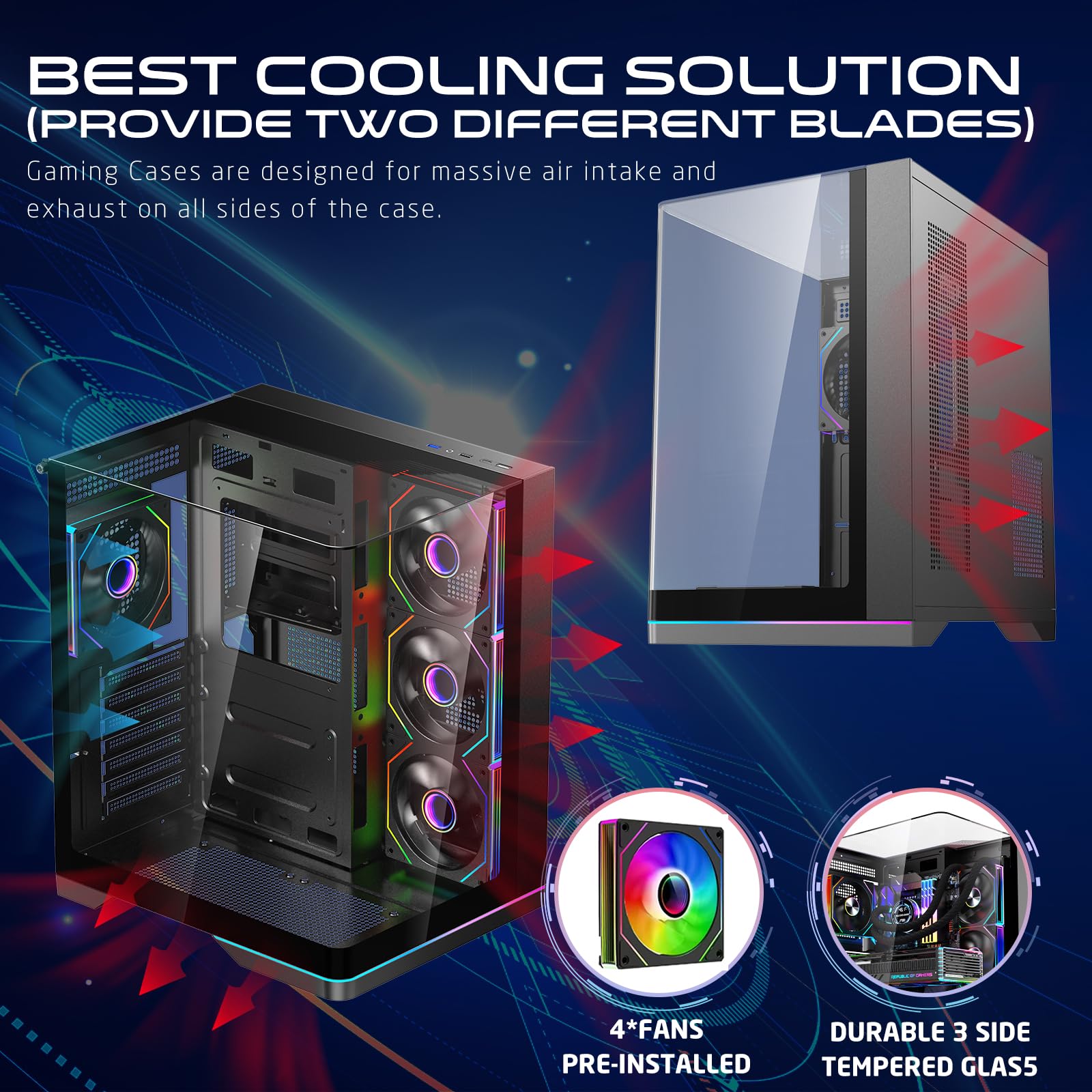 GAMEON Valkyrie X Mid Tower Gaming PC Case Nero con 4 ventole ARGB preinstallate, pannello laterale in vetro temperato, supporto ATX/M-ATX/ITX, 360 mm di raffreddamento a liquido, armadio da gioco ad