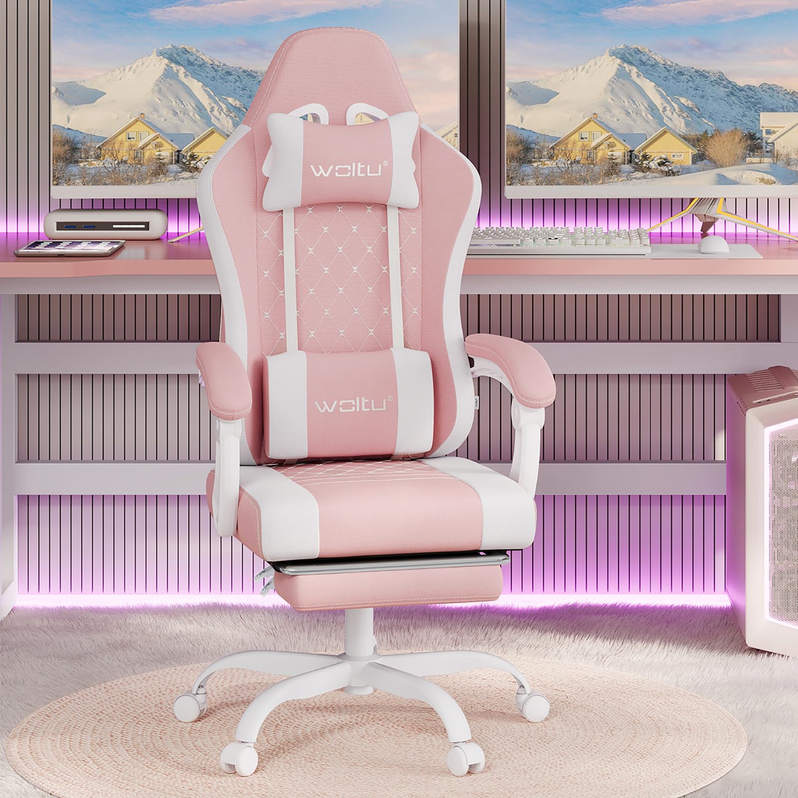 WOLTU Silla de Gaming Ergonómica, Silla Oficina con Soporte Lumbar Masaje y Reposapiés Extraible, Asiento Giratorio de Muelle, Capacidad 150 kg, Tela de Malla, Rosa+Blanco Global Recycled Standard Global Recycled Standard Global Recycled Standard