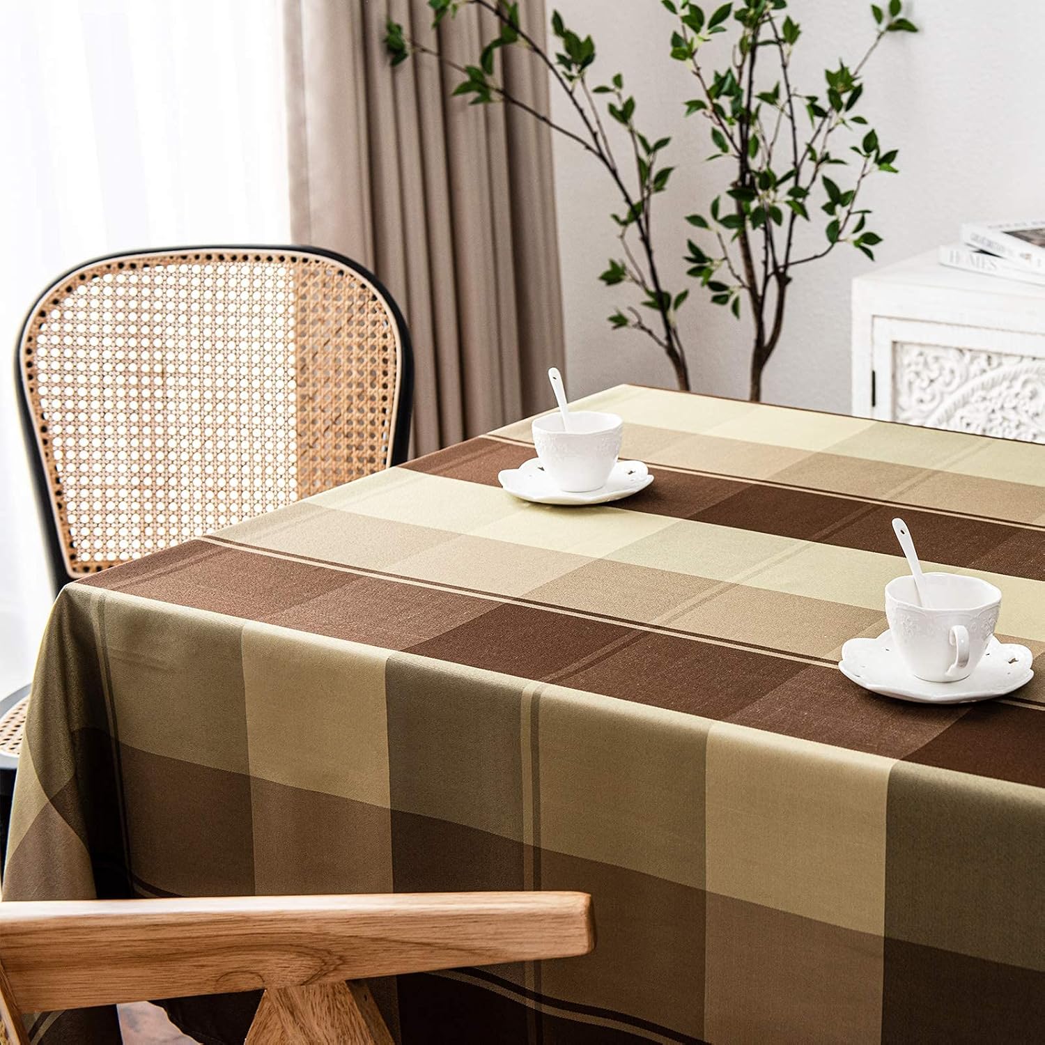 Melodieux Plaid Check Rectangle Tablecloth Holiday Outdoor Table Cover Checkered Waterproof Wrinkle Resistant Party Tabletop Decoration Kitchen Dining Room, 52" x 70", Taupe