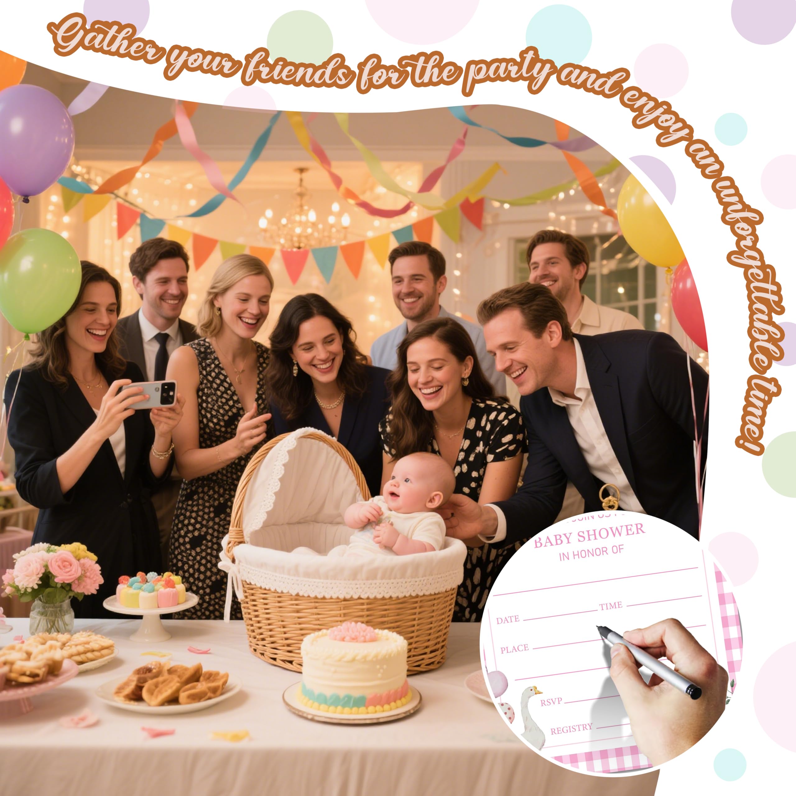 Zaproszenie na baby shower, zaproszenie do ujawnienia płci Silly Goose, 25 różowych zaproszeń w kratkę, stokrotka, z kopertami dla dziewcząt, zaproszenia na ogłoszenie dziecka do dekoracji na