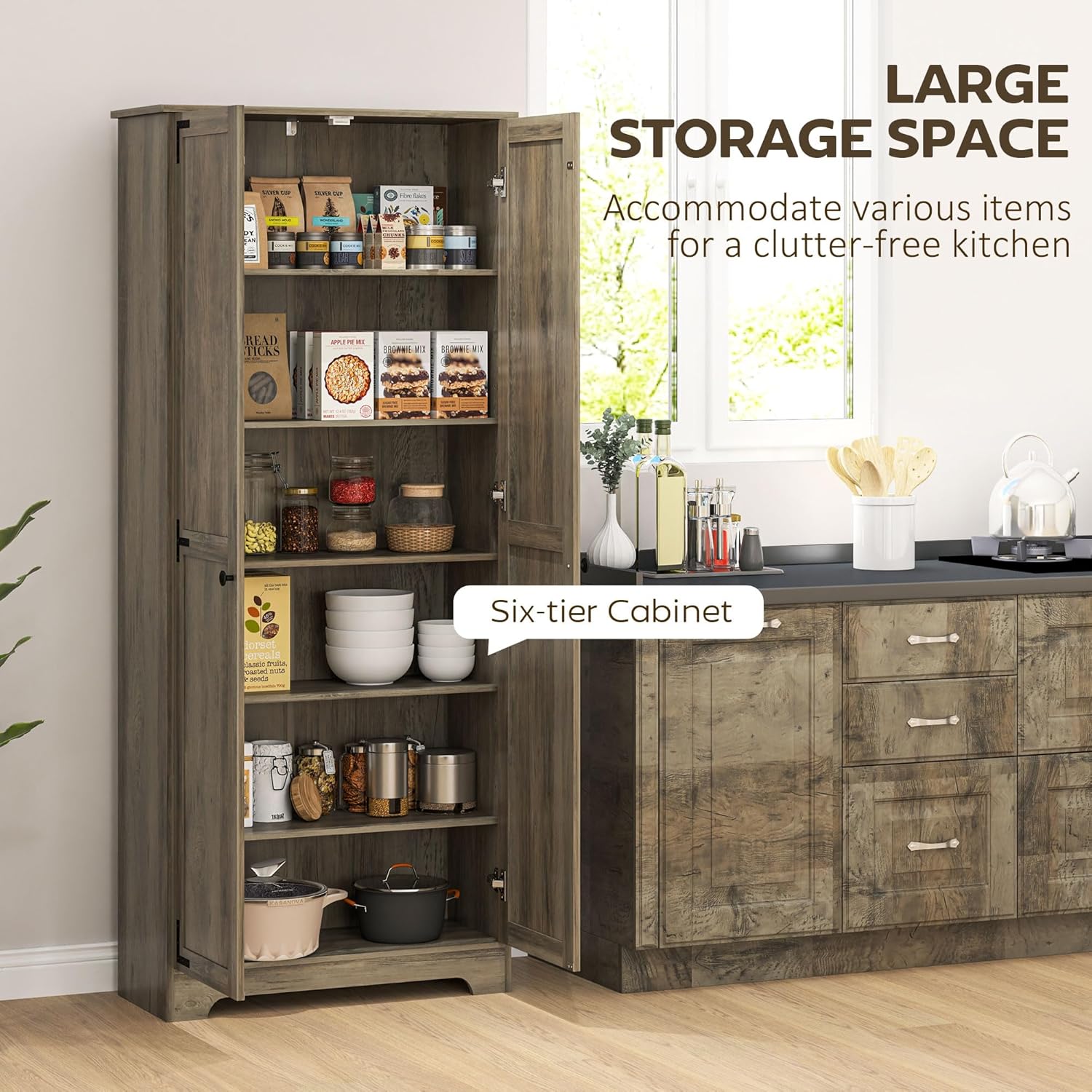 HOMCOM 72" Farmhouse Pantry Cabinet, Freestanding Tall Kitchen Pantry Storage Cabinet with Adjustable Shelves and Recessed Doors, Distressed Gray