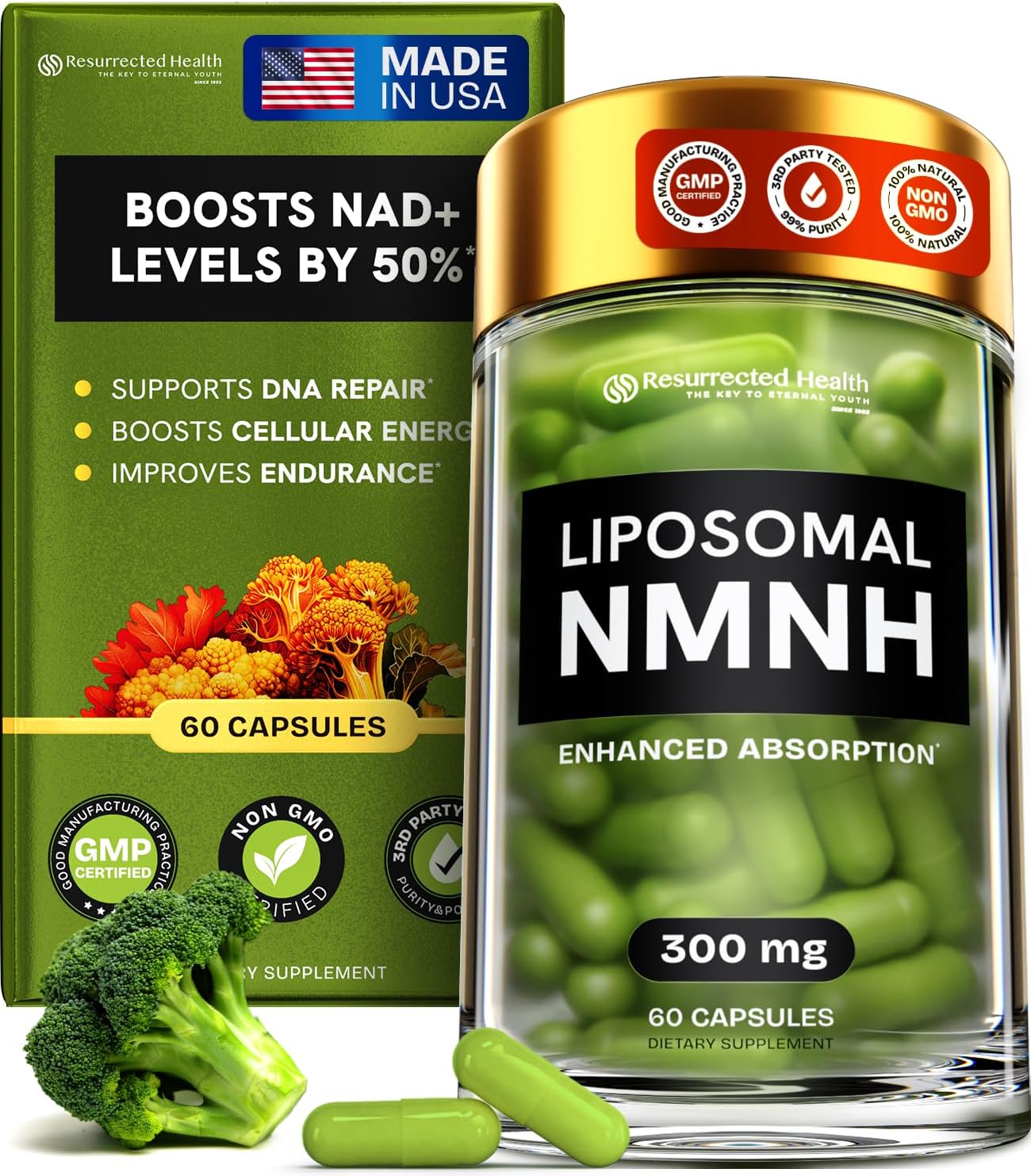 Liposomal NMNH Supplement 300mg – Boosts NAD Anti-Aging, Energy & Focus – NMM Capsules Alternative to for Cellular Vitality – Third-Party Tested, 60 Vegan Capsules | 1 Pack