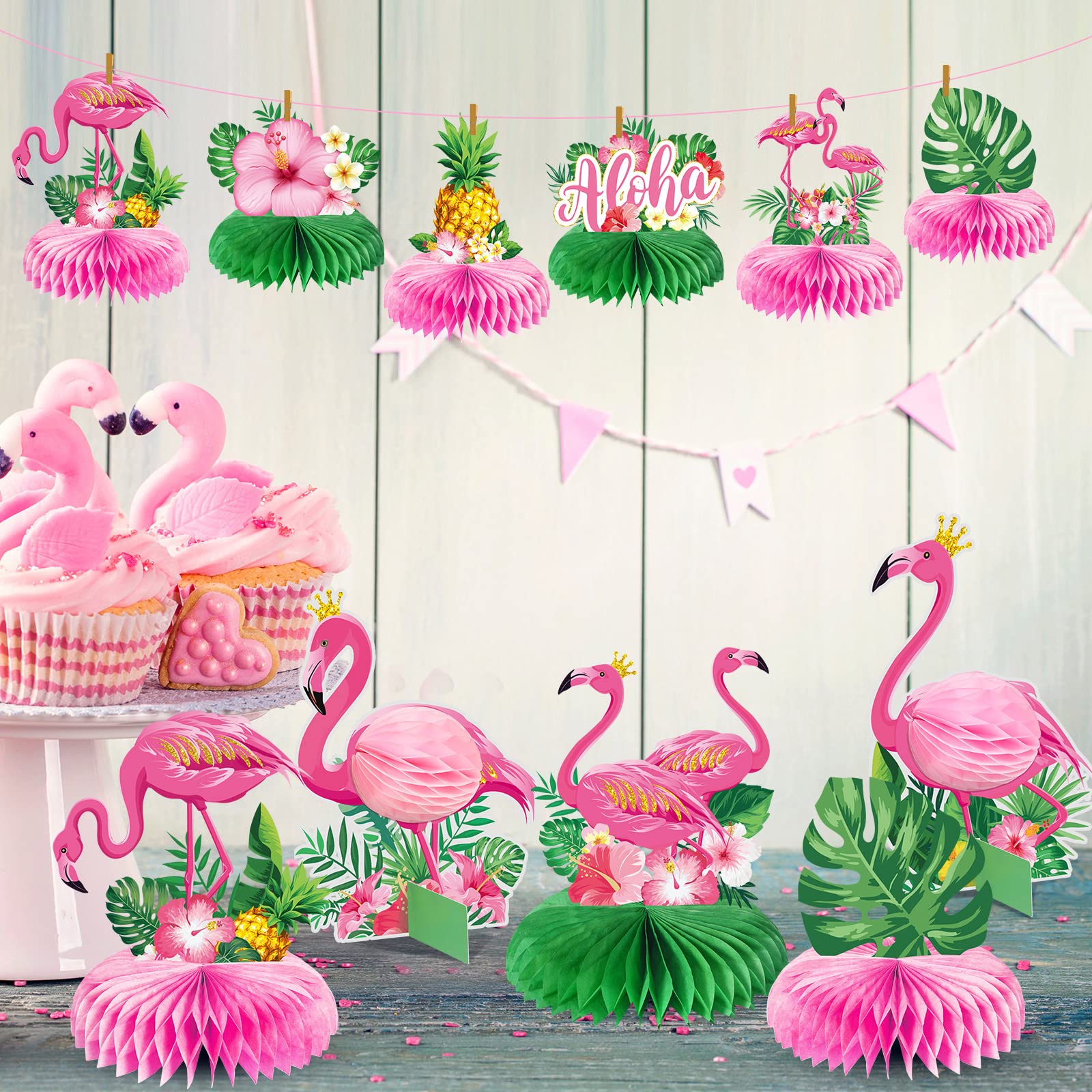 Wettarn 12 pezzi Centrotavola a nido d'ape fenicottero decorazioni Hawaii Luau Centrotavola a nido d'ape fenicottero festa centrotavola estate tropicale Aloha Party topper hawaiano Luau forniture per