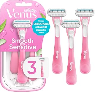 Gillette Venus Sensitive Women's Disposable Razors, 3 Blades with SkinElixir Lubrastrip - 3 Pack for Irritation-Free Shave