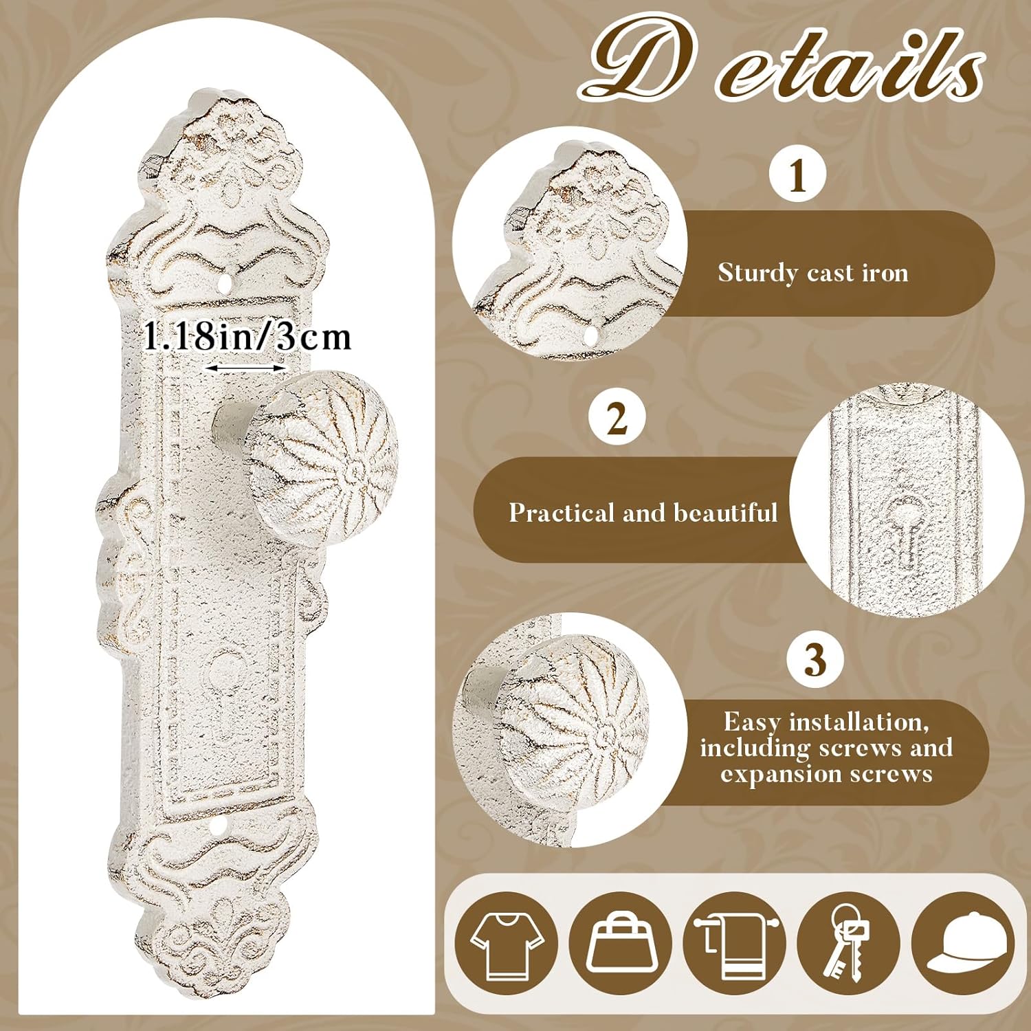 GlikCeil 2 Pcs Shabby Chic Hooks Decorative Wall Mounted with Screws and Anchors, Rustic White Cast Iron Hooks Door Knob Shabby Chic Country Decor for Coat Hats Bags Scarves Hallway Kitchen (Classic)