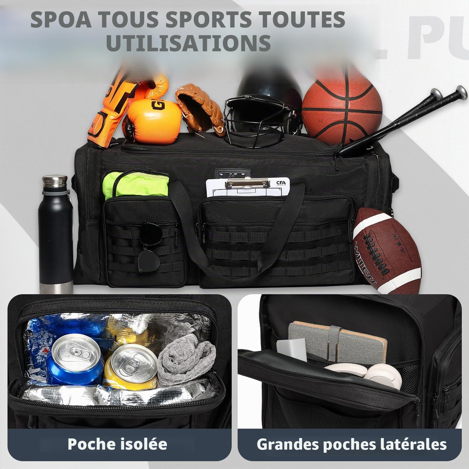 Sac de Sport et d'équipement Nylon 130L Grand Sac de Voyage pour Homme | Pliable avec Compartiment à Chaussures et réfrigéré, Bandoulière, XXL sac de sport pliable pour sauna salle Week-End