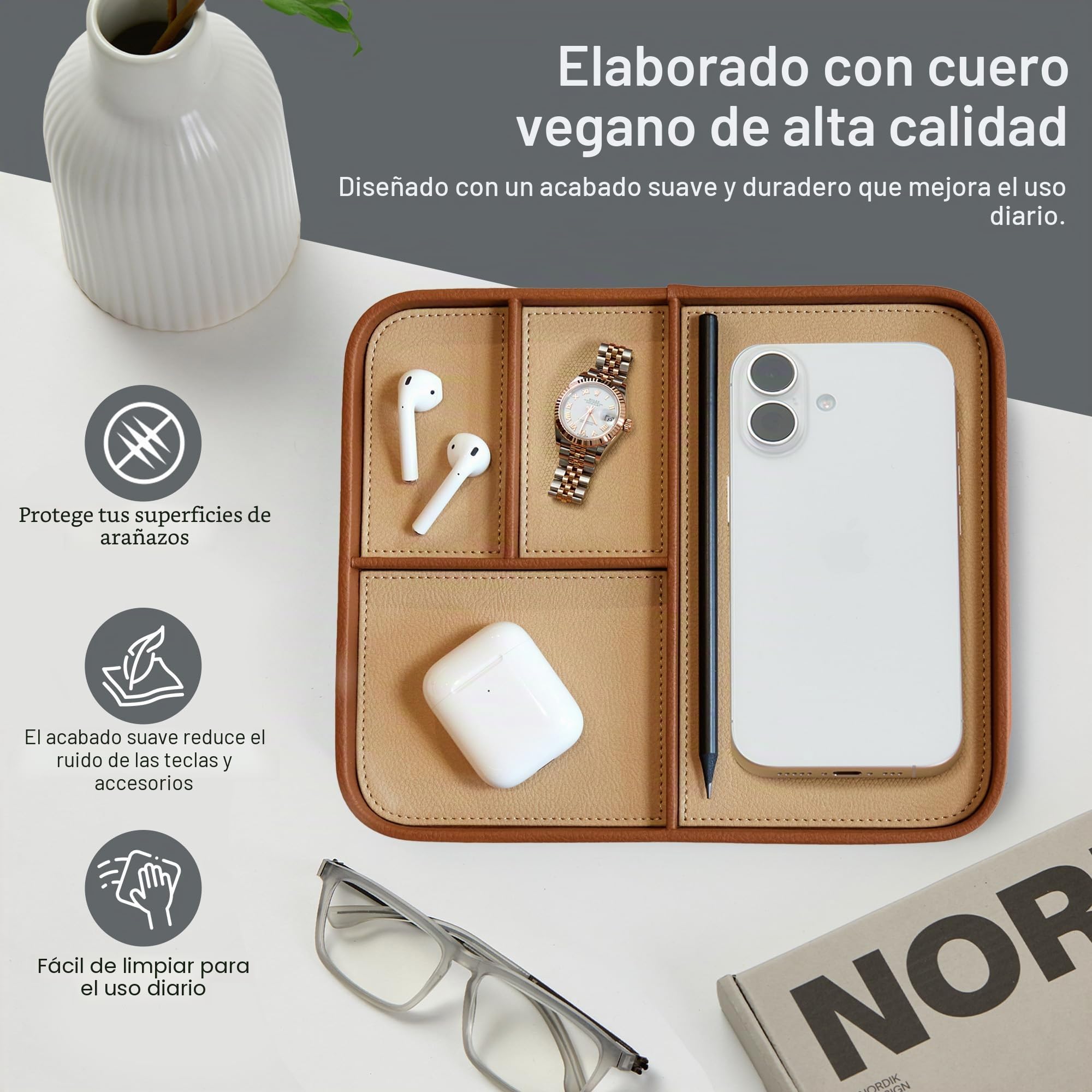 Nordik Valet Tray - Bandeja de cuero vegano de primera calidad en dos tonos marrón y beige - Organización elegante para los artículos esenciales diarios
