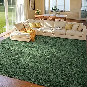 9x12 Area Rugs for Living Room Green Fluffy Shag Rug,Plush Bedroom Grass Carpet for Kids Teens Indoor Classroom Home Decor Aesthetic