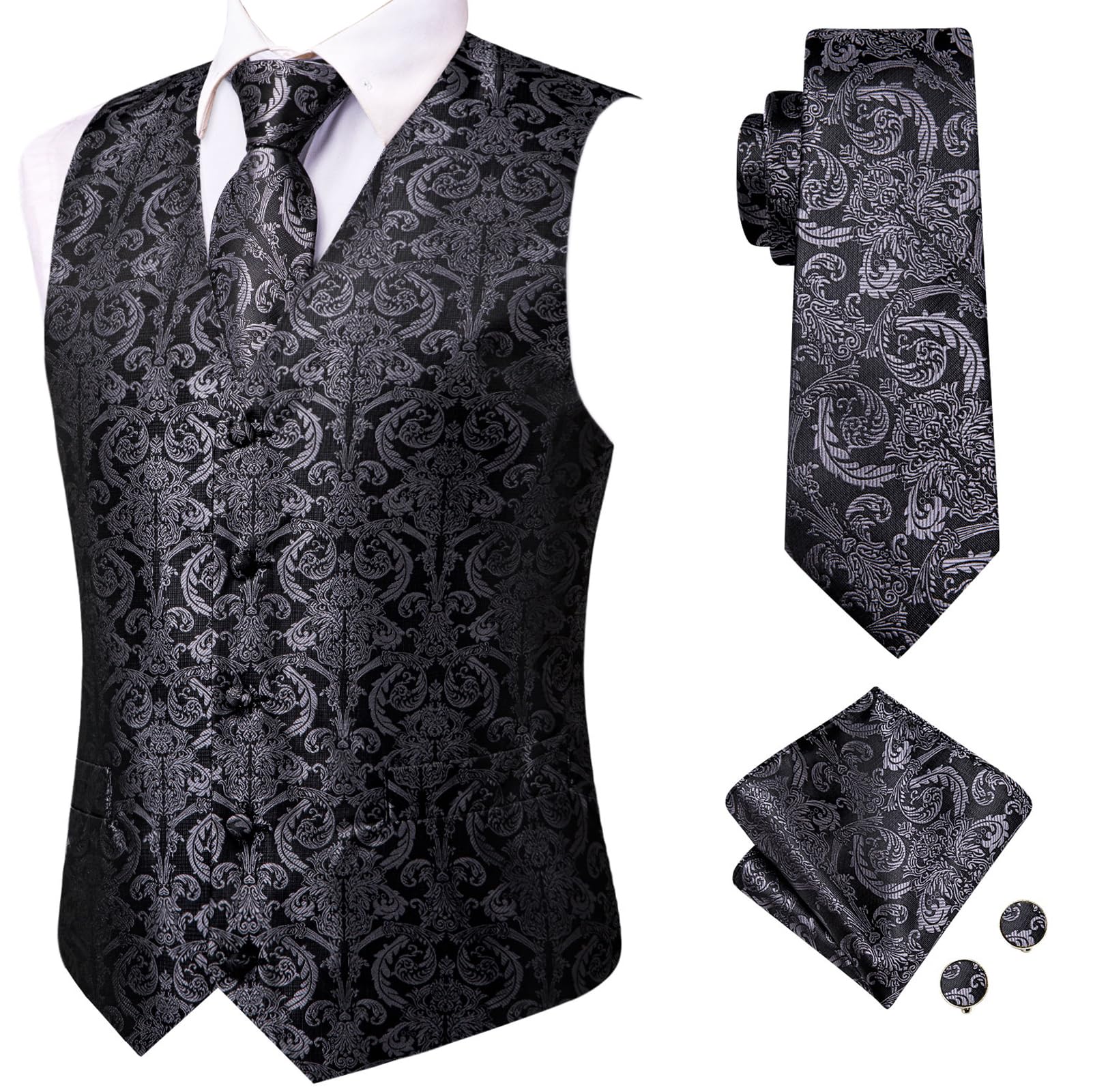 hi-tie Men's 4pc Waistcoat Vest Necktie Pocket Square Cufflinks Set For Suit or Tuxedo More Color for Choose-picture-18