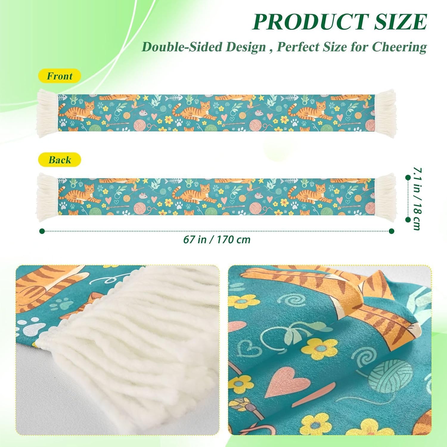 CHIFIGNO Cute Orange Cats Teal Sports Fan Scarf Towel, Soft Polyester Cheering Banner Scarf for Soccer Games, Quick Dry Sweat Absorbent