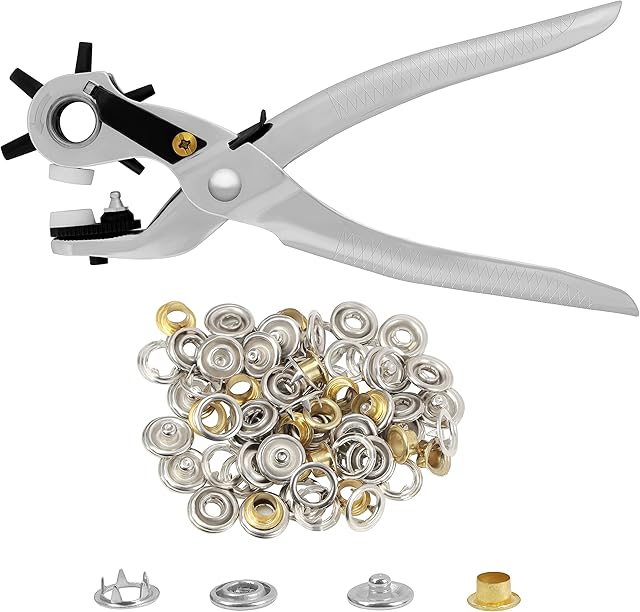 Kurtzy Revolving Leather Hole Punch Plier Tool with 75 Eyelets - Heavy Duty Belt Puncher for Multi-Sized 3.9-5.5mm Holes - Belts, Fabric, Watches, Saddles, Collars, Canvas, Shoes & DIY Home Craft