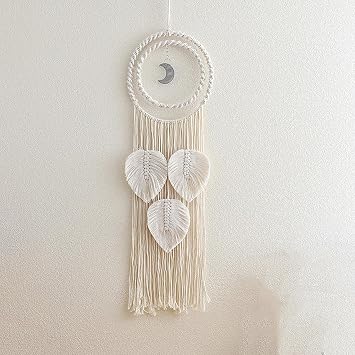 Hanging Wall Decor,Wall Tapestry,Macrame Leaves Dream Catcher for Girl, Boho Tassels Dreamcatcher for Bedroom, Handmade Nursery Room Wall Hanging with Moon Pendant, Bohemian Home Decoration