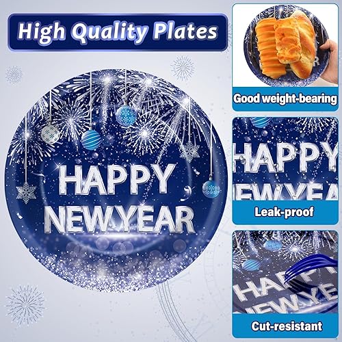 Miniatura 4 de Juego de vajilla de 100 piezas para fiesta de Año Nuevo, suministros de decoración de papel desechables para 25 invitados, incluyendo platos de