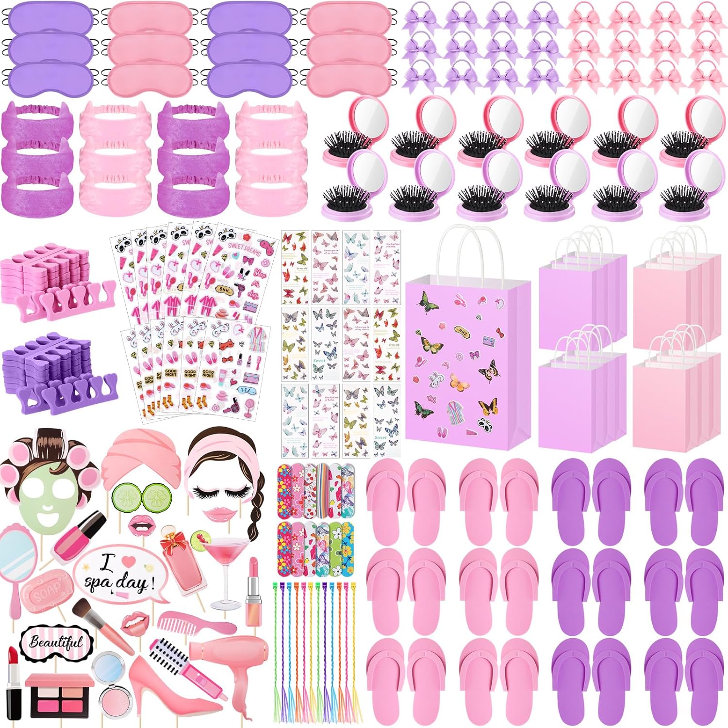 Pinkunn 191 Pcs Spa Party Favors for Girl Include Sleep Eye Mask Slippers Foldable Mirror Combs Hair Band Nail File Photo Booth Props with Stick Gift Bags Stickers for Beauty Party (Pink,Purple) Pink, Purple 191