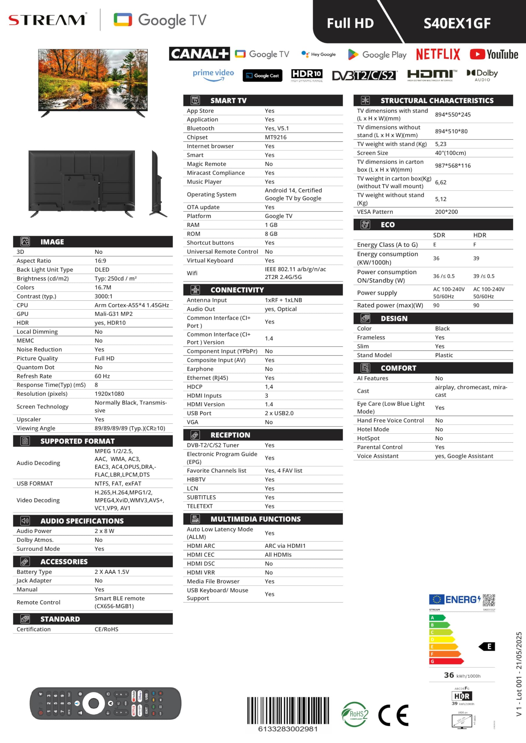 Stream System - Google TV Smart 40", 5 Años de Garantía FullHD, HDR10, Frameless (Sin Marco), Asistente de Google y Chromecast Integrado- Modelo S40EX1GF (2026)