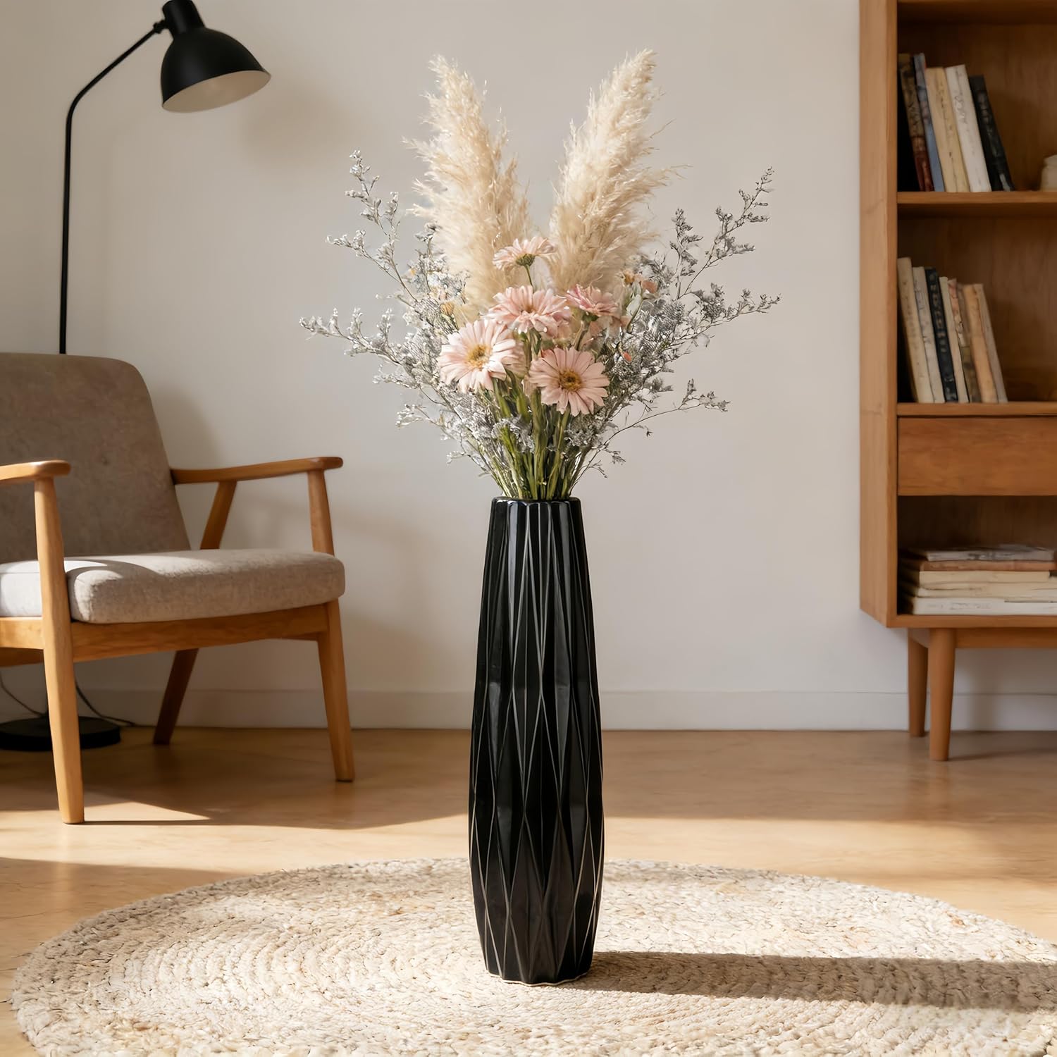 Black Matte Floor Ceramic Vase - Large 17.7 Inch Tall Decorative Modern Minimalist Style Flower Vase for Pampas Grass, Living Room, Office Centerpieces, Can Water-Holding