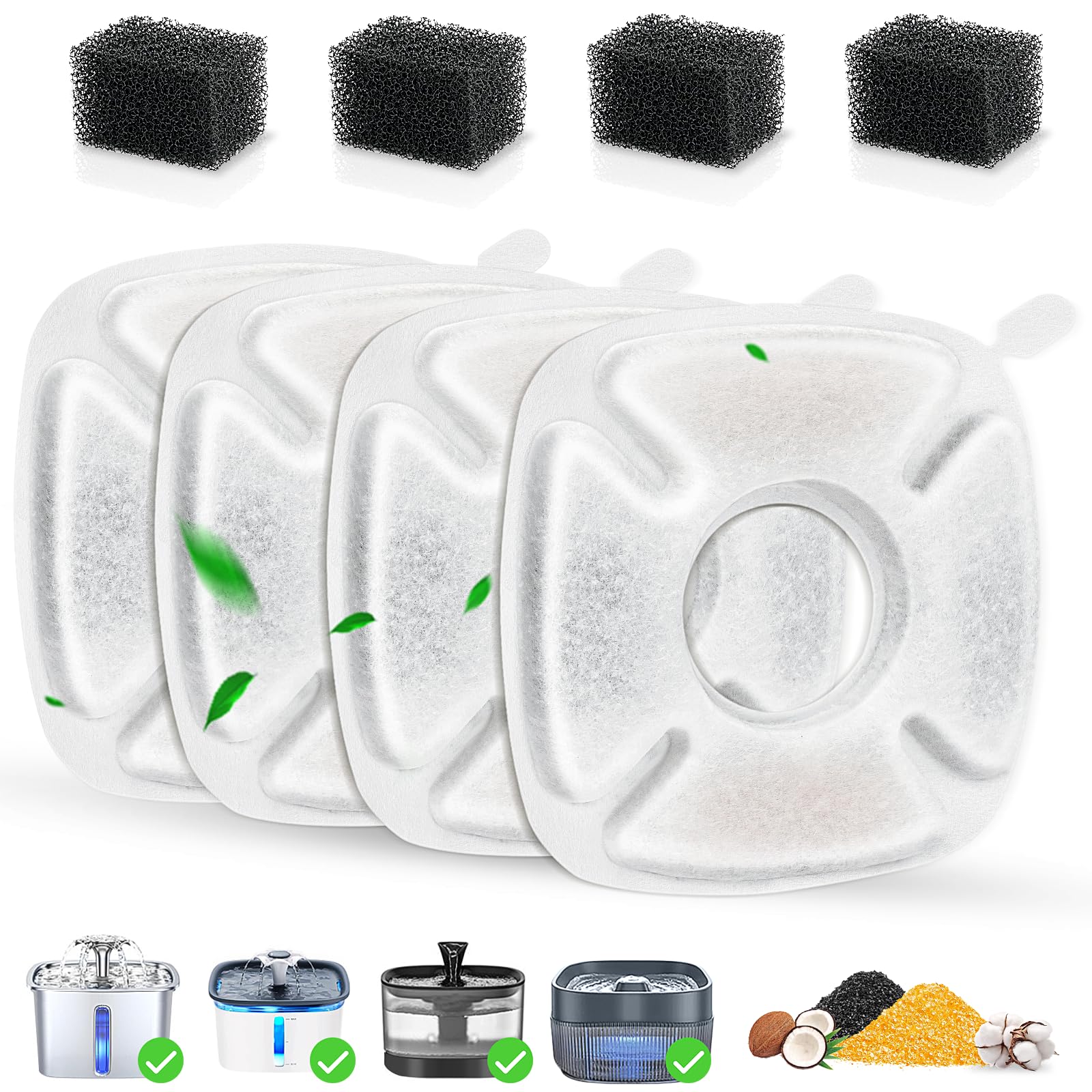 8 Pack Cat Water Fountain Replacement Filter, 4 Pcs Cat Fountain Filters & 4 Pcs Pre-Filter Sponges for 95oz/2.8L 135oz/4L 67oz/2L Automatic Pet Cats