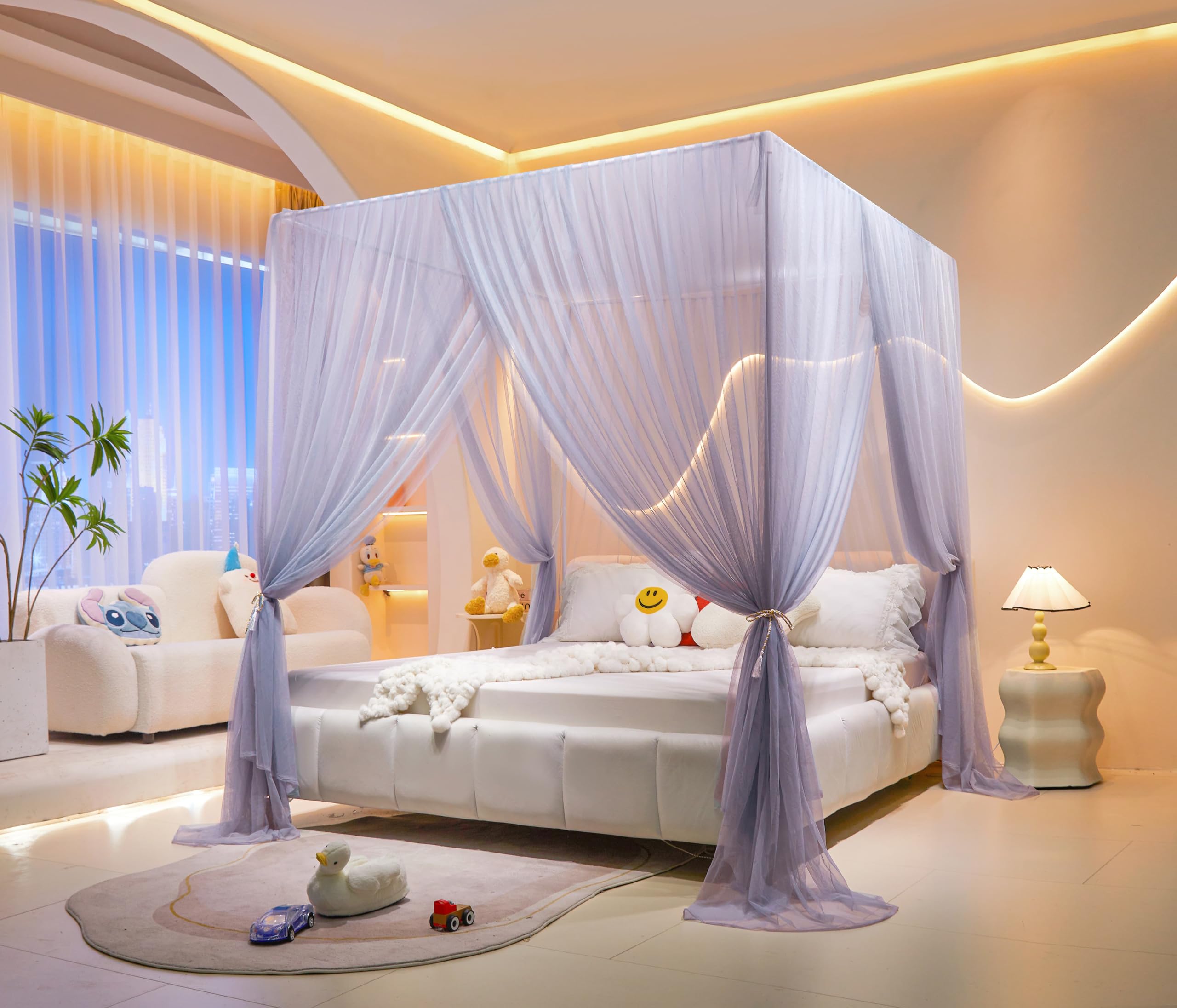 Akiky 4 Corner Posts Bed Canopy Princess Bed Canopy Netting for Girls&Adults 3 Opening Solid Color Mosquito Net (Queen,Taro Purple)