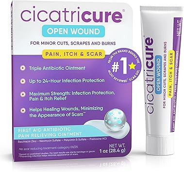 Cicatricure Triple Antibiotic Ointment with Pain Relief, Bacitracin Antibiotic Ointment & Cream for Wound Care, Healing Ointment for Cuts, Burns, Insect Bites, First Aid Supplies essential, 1 oz