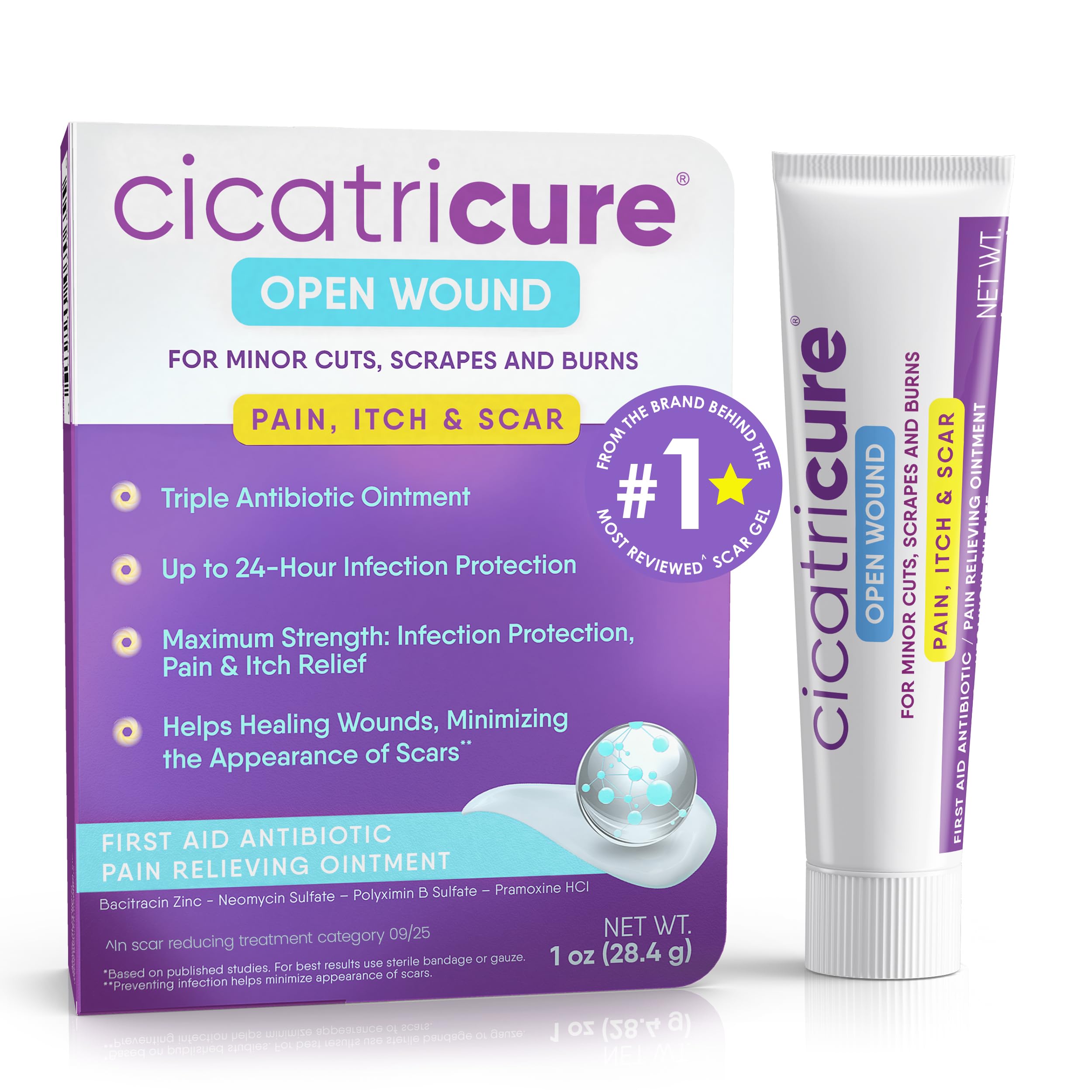 Cicatricure Triple Antibiotic Ointment with Pain Relief, Bacitracin Antibiotic Ointment & Cream for Wound Care, Healing Ointment for Cuts, Burns, Insect Bites, First Aid Supplies Essential, 1 oz