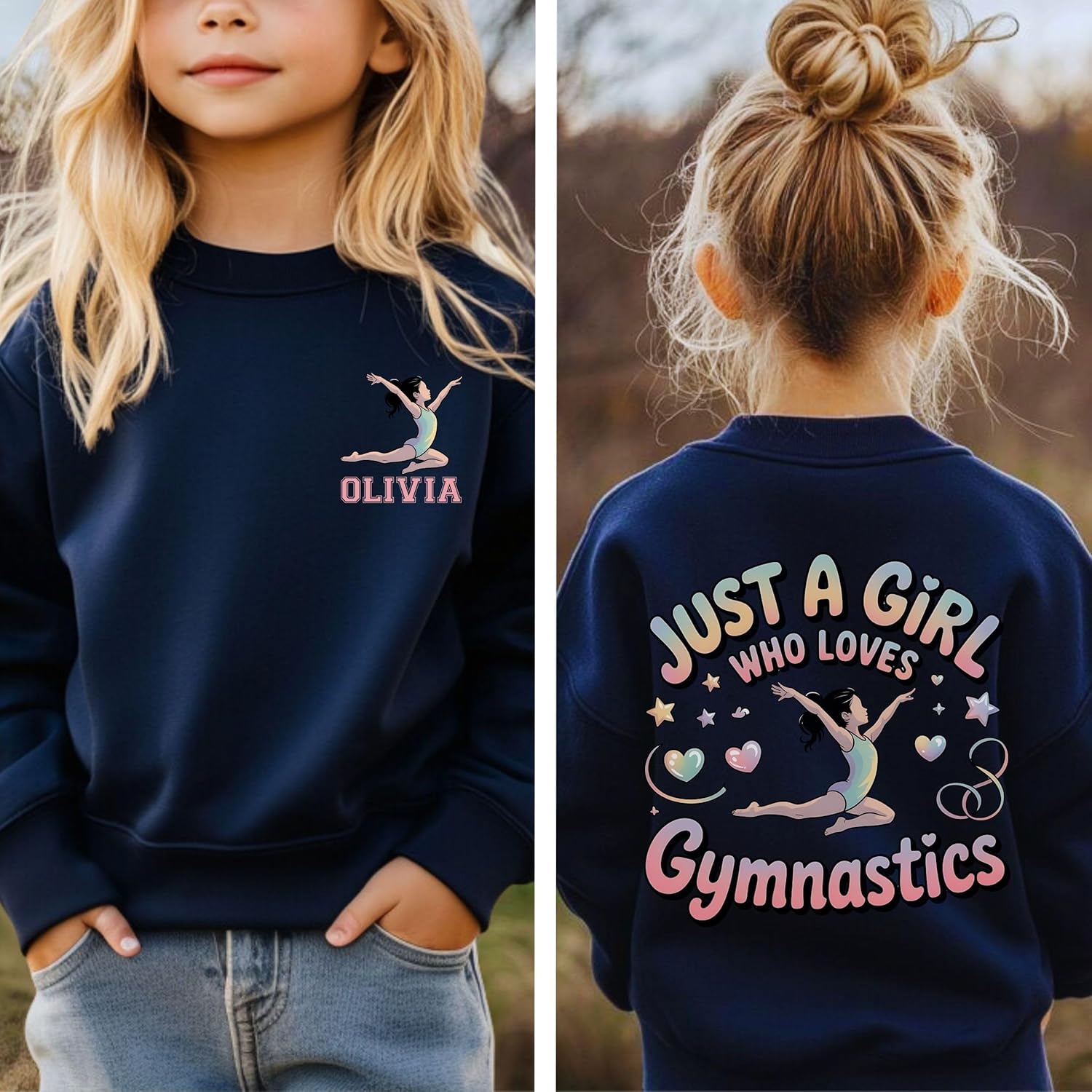Personalized Gymnastics Sweatshirt for Girls, Custom Name Gymnastics Crewneck, Gymnast Gift for Kids, Just a Girl Who Loves Gymnastics Hoodie White