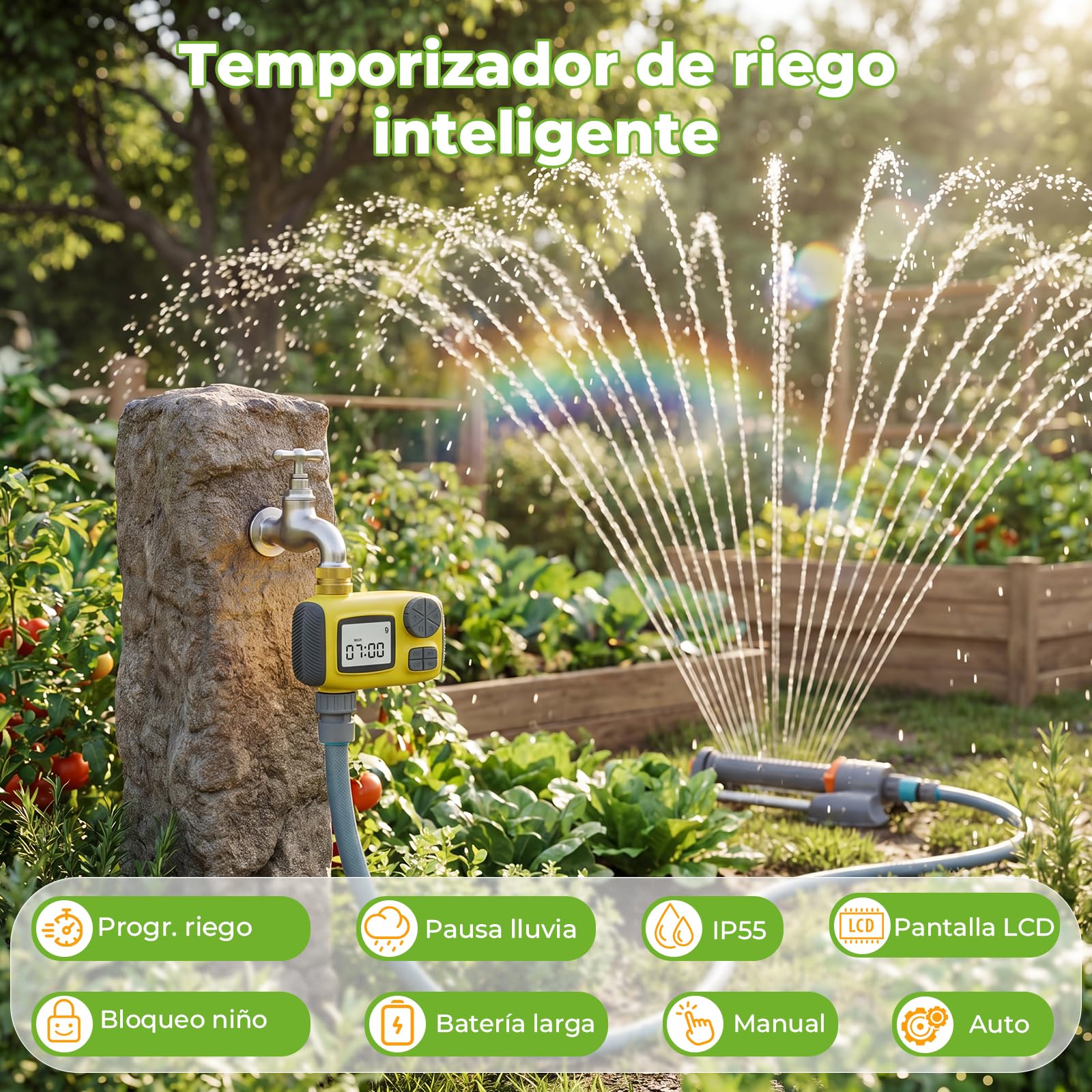 Deepoter 3 en 1 Aspersores de riego cesped con Programador, Temporizador Programable + Aspersor + Manguera Híbrida 10m & Conector de Latón, Riego Automático para Jardín