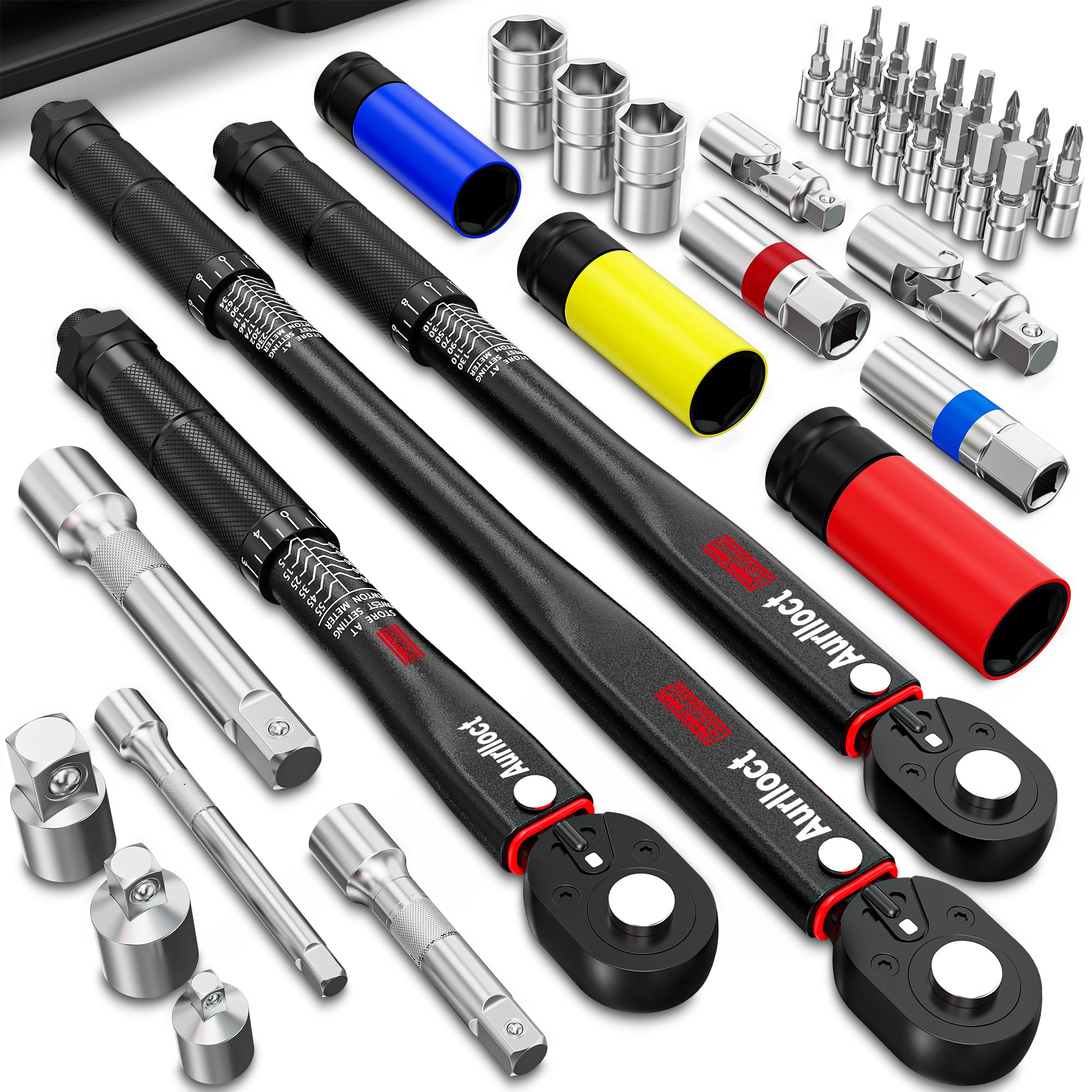 Torque Wrench Set 1/4" & 3/8" & 1/2", Torque Wrenches 5-55Nm, 10-140Nm, 20-230Nm, 72 Teeth Reversible Head, for Bicycle, Motorcycle, Car, 35 Pieces